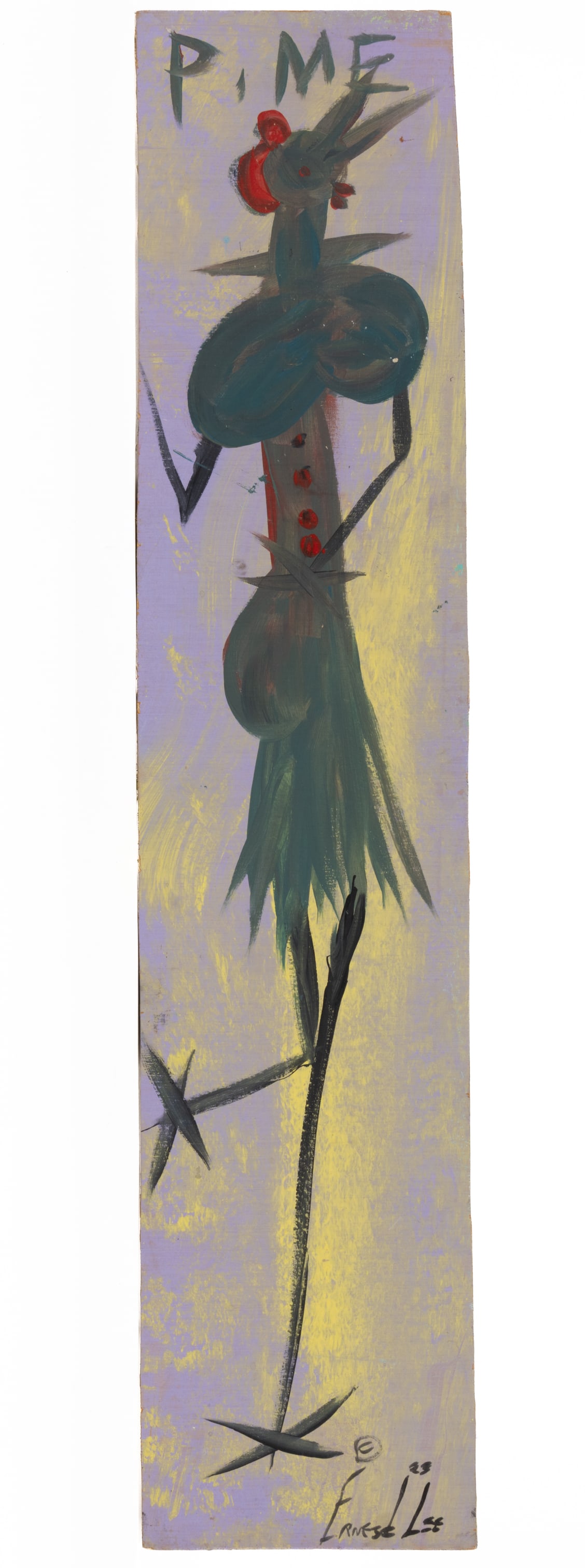 ERNEST M. LEE "THE CHICKEN MAN" (AMERICAN, ACTIVE 20TH / 21ST CENTURY) OUTSIDER ART PAINTING OF A: ERNEST M. LEE "THE CHICKEN MAN" (AMERICAN, ACTIVE 20TH / 21ST CENTURY) OUTSIDER ART PAINTING OF A ROOSTER, oil on plywood panel, depicting a rooster standing in an upright position with one 
