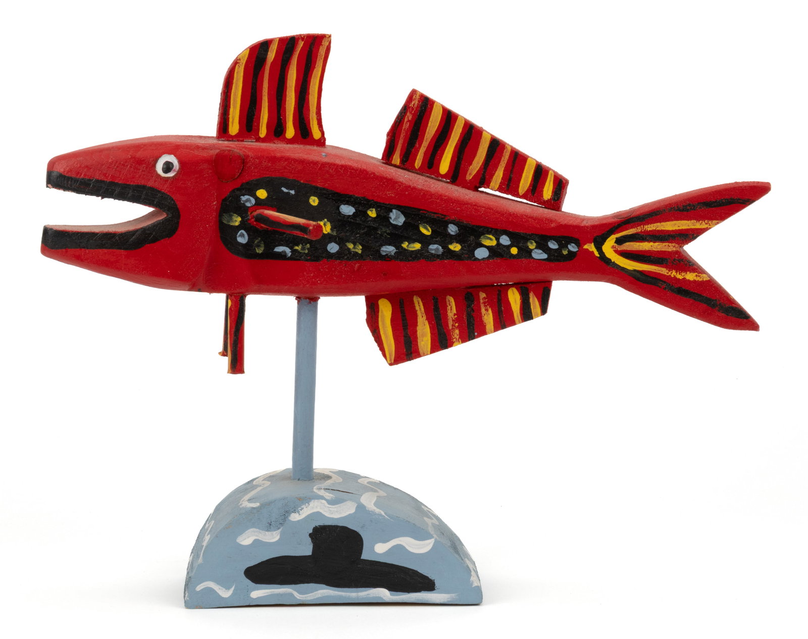 JEAN-MARC POIRIER (CANADIAN, ACTIVE 20TH/21ST CENTURY) FOLK / OUTSIDER ART CARVING OF A FISH: JEAN-MARC POIRIER (CANADIAN, ACTIVE 20TH/21ST CENTURY) FOLK / OUTSIDER ART CARVING OF A FISH, carved of the solid, depicting a red fish with polychrome markings and applied fins, supported by an integ