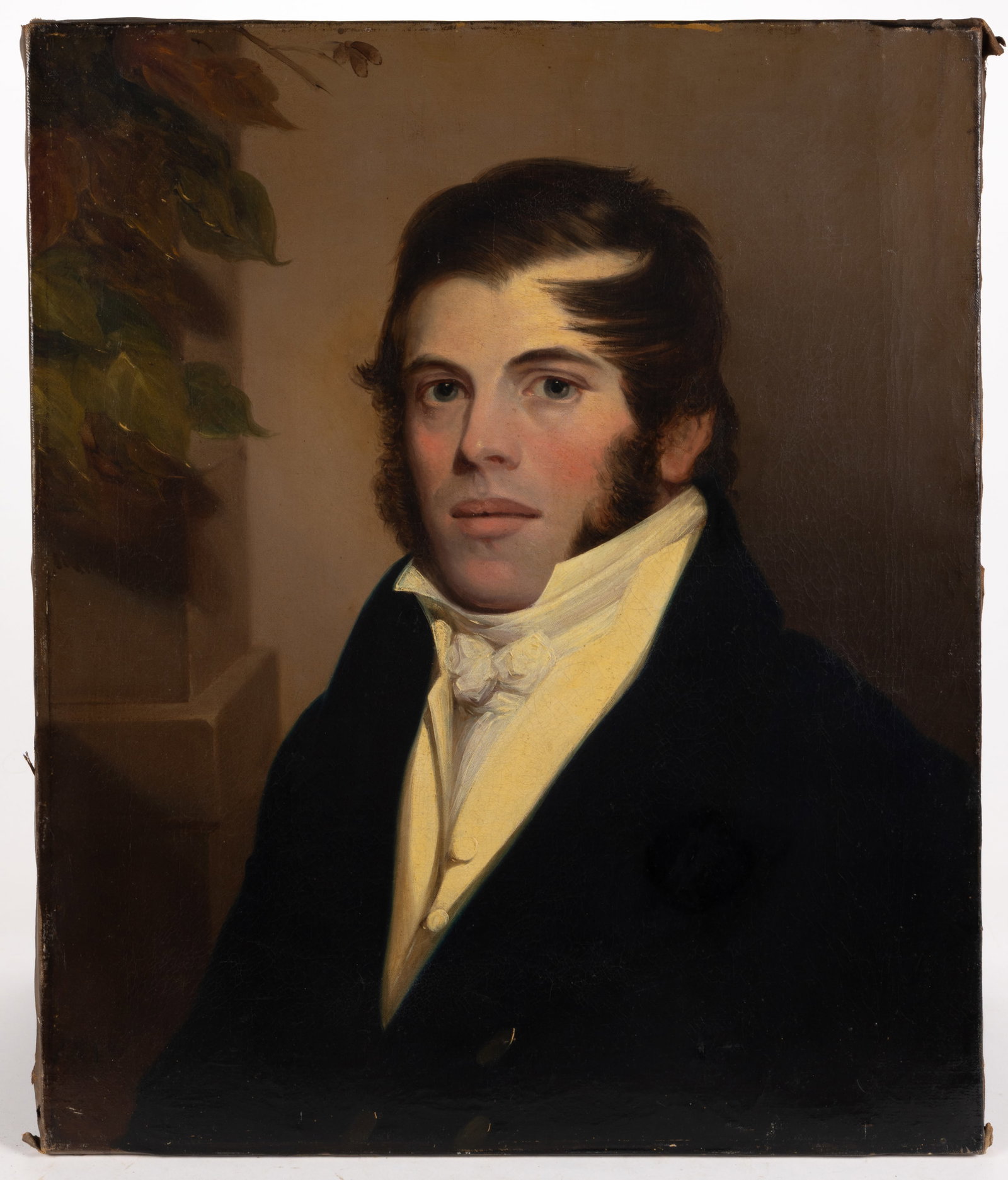AMERICAN OR BRITISH SCHOOL (19TH CENTURY) PORTRAIT OF A YOUNG MAN: AMERICAN OR BRITISH SCHOOL (19TH CENTURY) PORTRAIT OF A YOUNG MAN, oil on canvas, a bust-length depiction of a stylish rake sporting prominent sideburns, yellow vest, high white stock, and black 