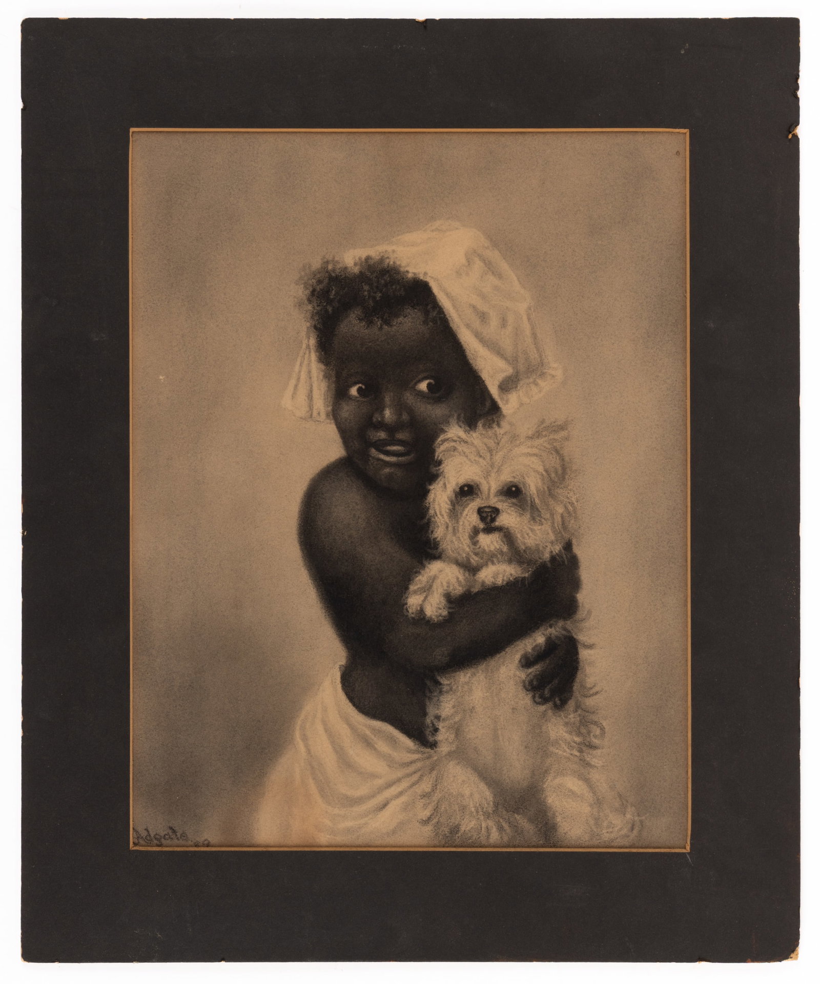 (AMERICAN SCHOOL, 19TH CENTURY) BLACK AMERICANA PORTRAIT OF A YOUNG CHILD AND DOG: (AMERICAN SCHOOL, 19TH CENTURY) BLACK AMERICANA PORTRAIT OF A YOUNG CHILD AND DOG, charcoal on paper, a waist-length depiction wearing a cloth head covering and draped wrap, holding a white terri