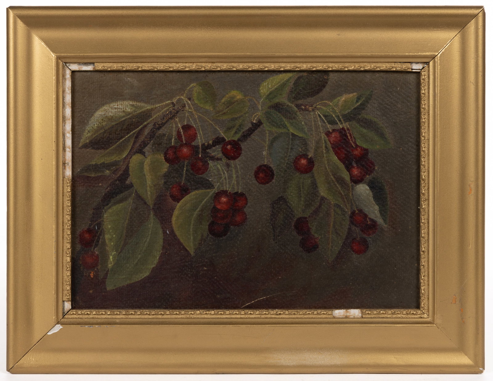 AMERICAN SCHOOL (LATE 19TH/EARLY 20TH CENTURY) FOLK ART STILL LIFE PAINTING FEATURING CHERRIES: AMERICAN SCHOOL (LATE 19TH/EARLY 20TH CENTURY) FOLK ART STILL LIFE PAINTING FEATURING CHERRIES, oil on artist's board, depicting a cherry tree branch with fruit hanging from it. No signature locat