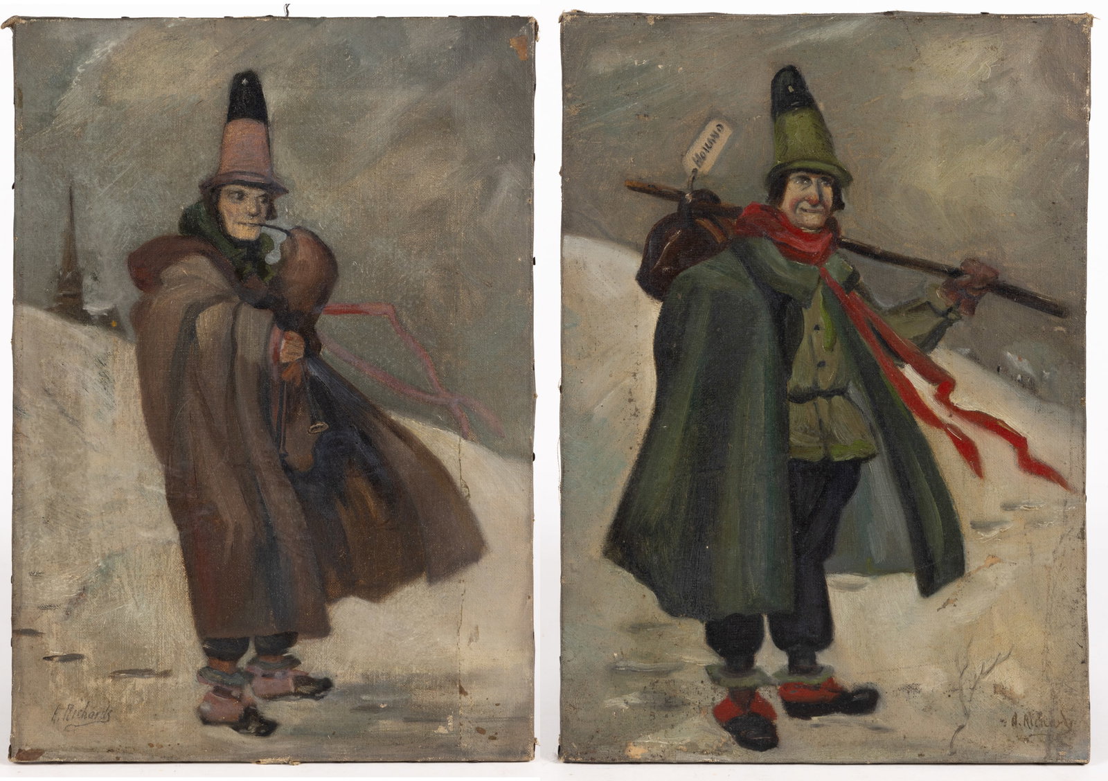 PAIR OF BRITISH OR CONTINENTAL SCHOOL (19TH CENTURY) PORTRAITS: PAIR OF BRITISH OR CONTINENTAL SCHOOL (19TH CENTURY) PORTRAITS, oil on canvas, each a full-length depiction of a man in hat and winter cloak standing in a snowy landscape, one figure bearing a flag ma