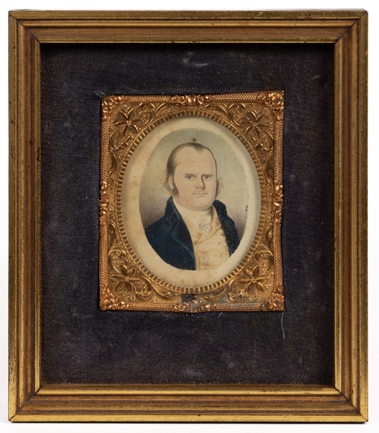 AMERICAN MINIATURE PORTRAIT OF COL. CHARLES MAGILL (1760-1827): AMERICAN MINIATURE PORTRAIT OF COL. CHARLES MAGILL (1760-1827), watercolor of paper, bust-length depiction of a gentleman with dark hair and long sideburns extending to his jawline in a navy blue high