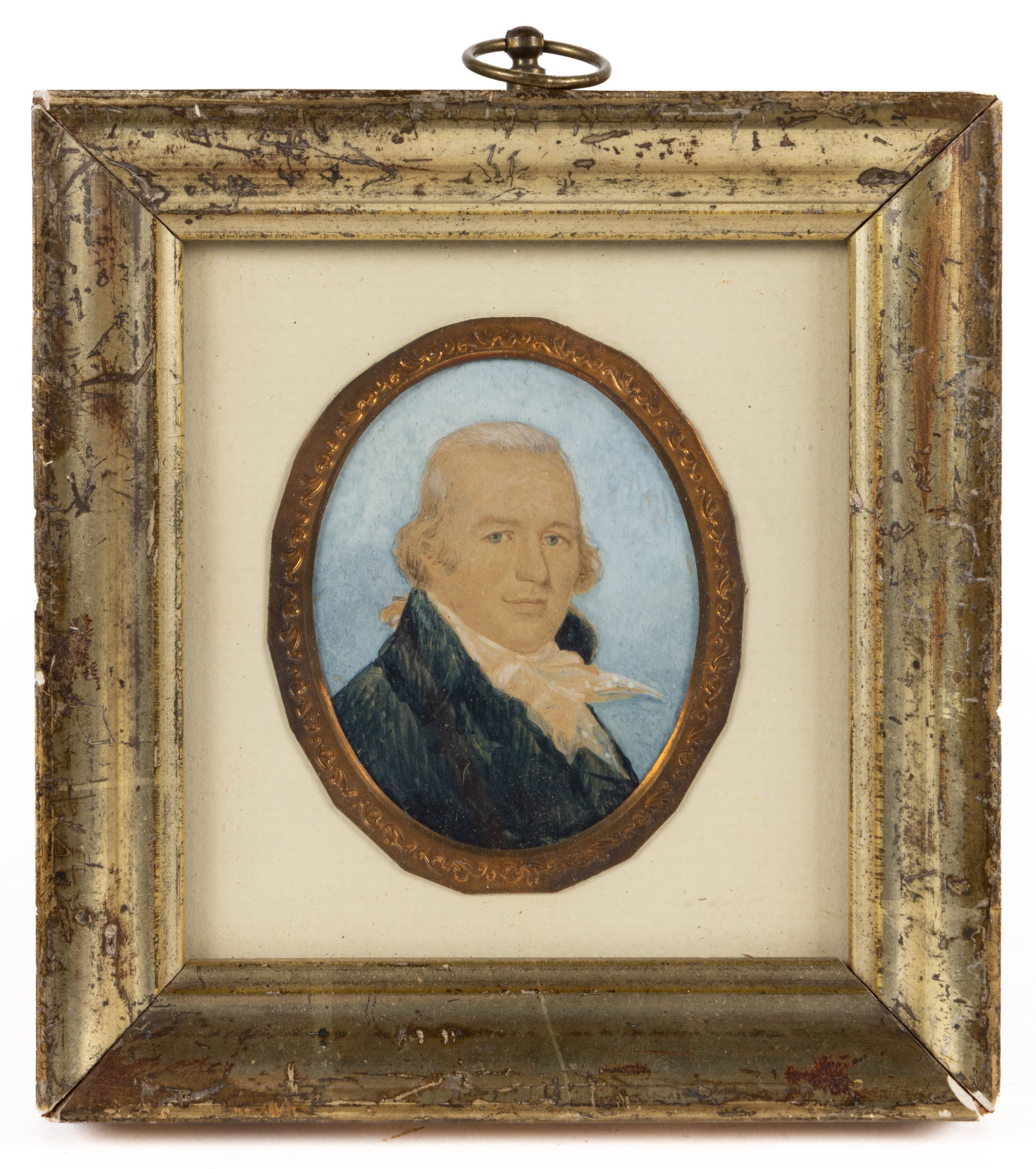 AMERICAN / BRITISH (19TH CENTURY) MINIATURE PORTRAIT OF A GENTLEMAN: AMERICAN / BRITISH (19TH CENTURY) MINIATURE PORTRAIT OF A GENTLEMAN, watercolor on paper, a fine bust-length depiction of an older gentleman with white hair and a navy-blue coat with white cravat. Hou