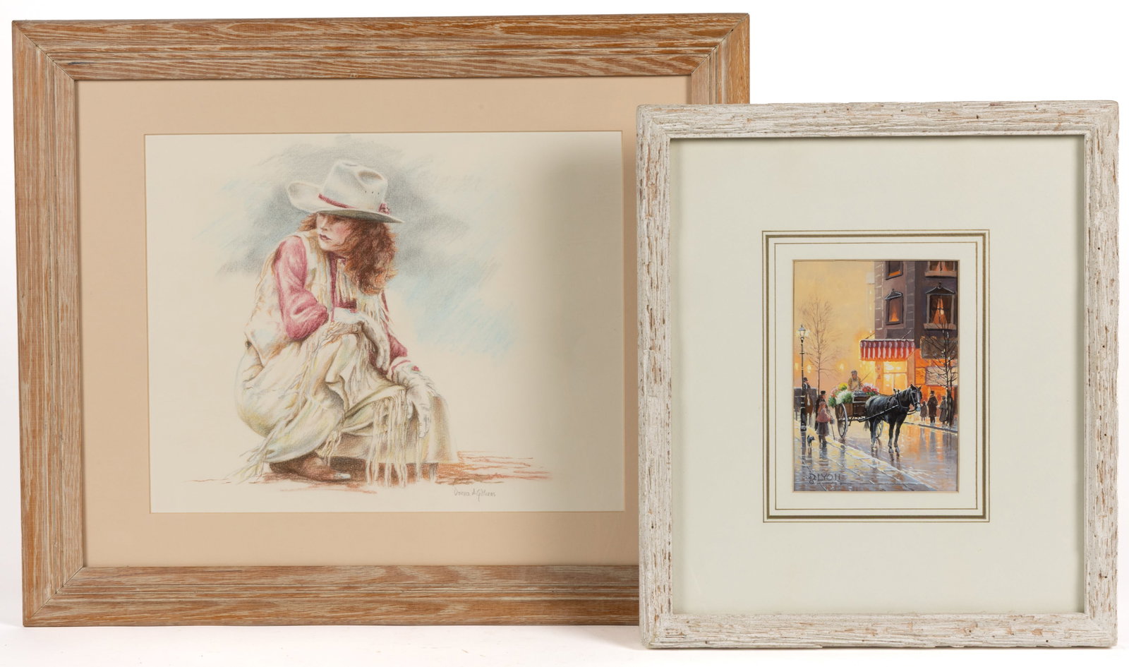 ASSORTED ARTWORKS ON PAPER, LOT OF TWO: ASSORTED ARTWORKS ON PAPER, LOT OF TWO, comprising a colored pencil portrait depicting a Cowgirl crouching over the dusty ground with her head turned in semi-profile view, signed "Donna A. G