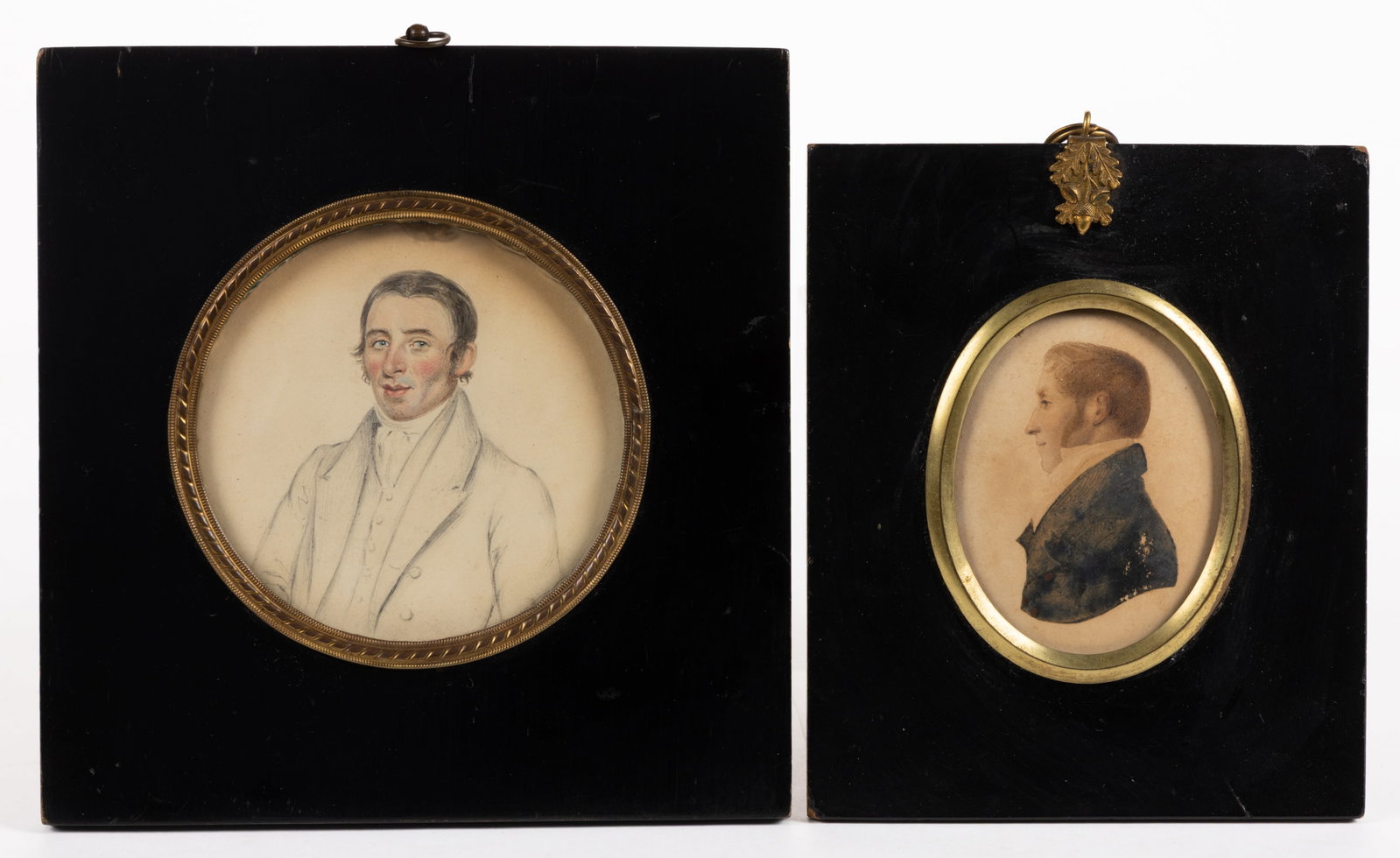 EUROPEAN SCHOOL (19TH CENTURY) MINIATURE PORTRAITS, LOT OF TWO: EUROPEAN SCHOOL (19TH CENTURY) MINIATURE PORTRAITS, LOT OF TWO, watercolor, each bust-length depictions of gentleman, one in profile. No signatures located. Each are housed in the likely original fram