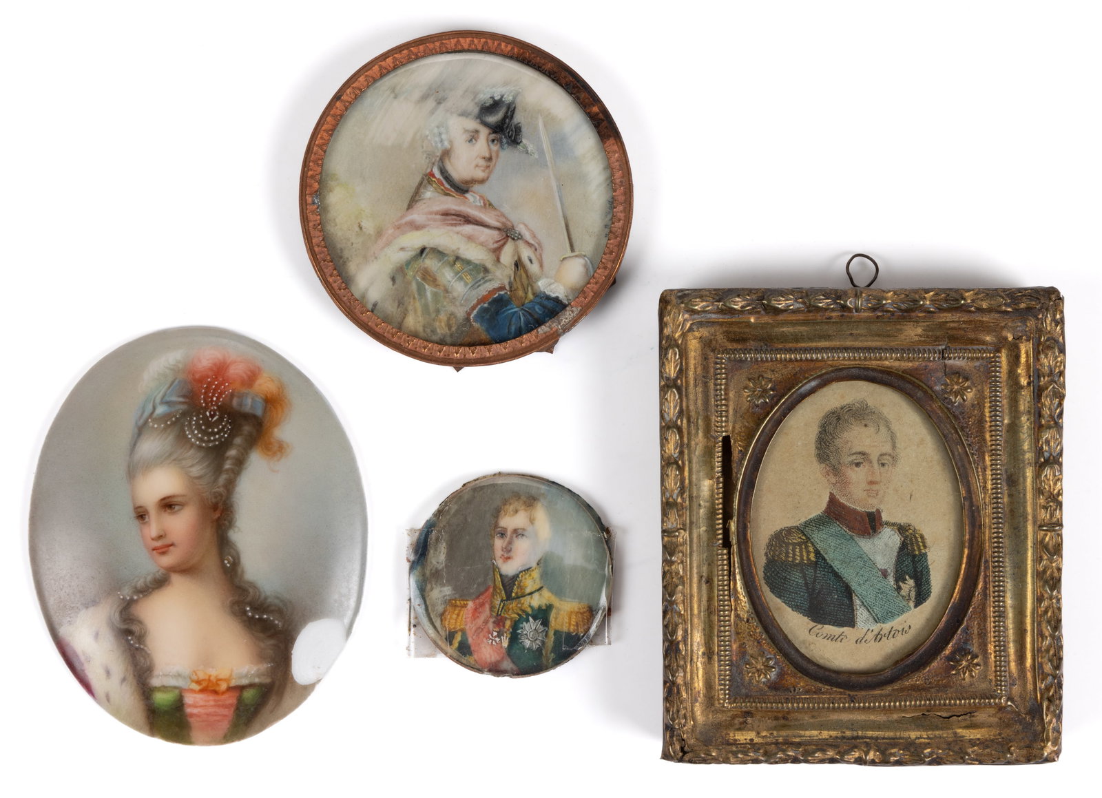 CONTINENTAL SCHOOL (19TH CENTURY) MINIATURE PORTRAITS, LOT OF FOUR: CONTINENTAL SCHOOL (19TH CENTURY) MINIATURE PORTRAITS, LOT OF FOUR, comprising a likely-French portrait of a nobleman in a bronze frame liner; a small portrait of a military officer; a portrait of Mad
