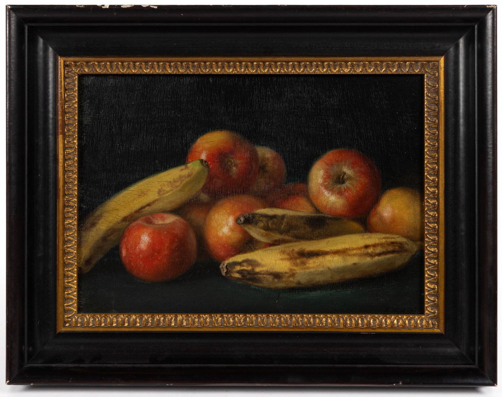 RUDOLPH TSCHUDI (SWISS-AMERICAN, 1855-1923) STILL-LIFE FEATURING BANANAS AND APPLES: RUDOLPH TSCHUDI (SWISS-AMERICAN, 1855-1923) STILL-LIFE FEATURING BANANAS AND APPLES, oil on panel, depicting a grouping of bananas and apples, signed lower right. Housed in a later frame. Late 19th/ea