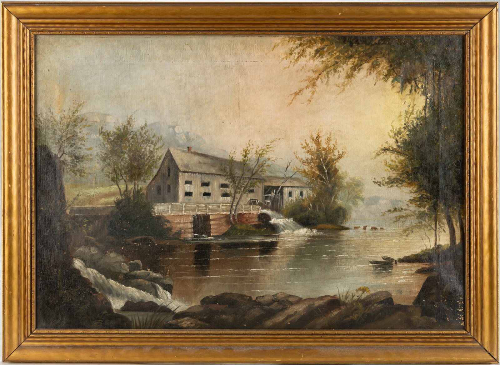 AMERICAN SCHOOL (19TH CENTURY) LANDSCAPE WITH MILL: AMERICAN SCHOOL (19TH CENTURY) LANDSCAPE WITH MILL, oil on canvas, featuring a large structure by a river with mountains in the distance, no signature located. Housed in a modern frame. Late 19th cent