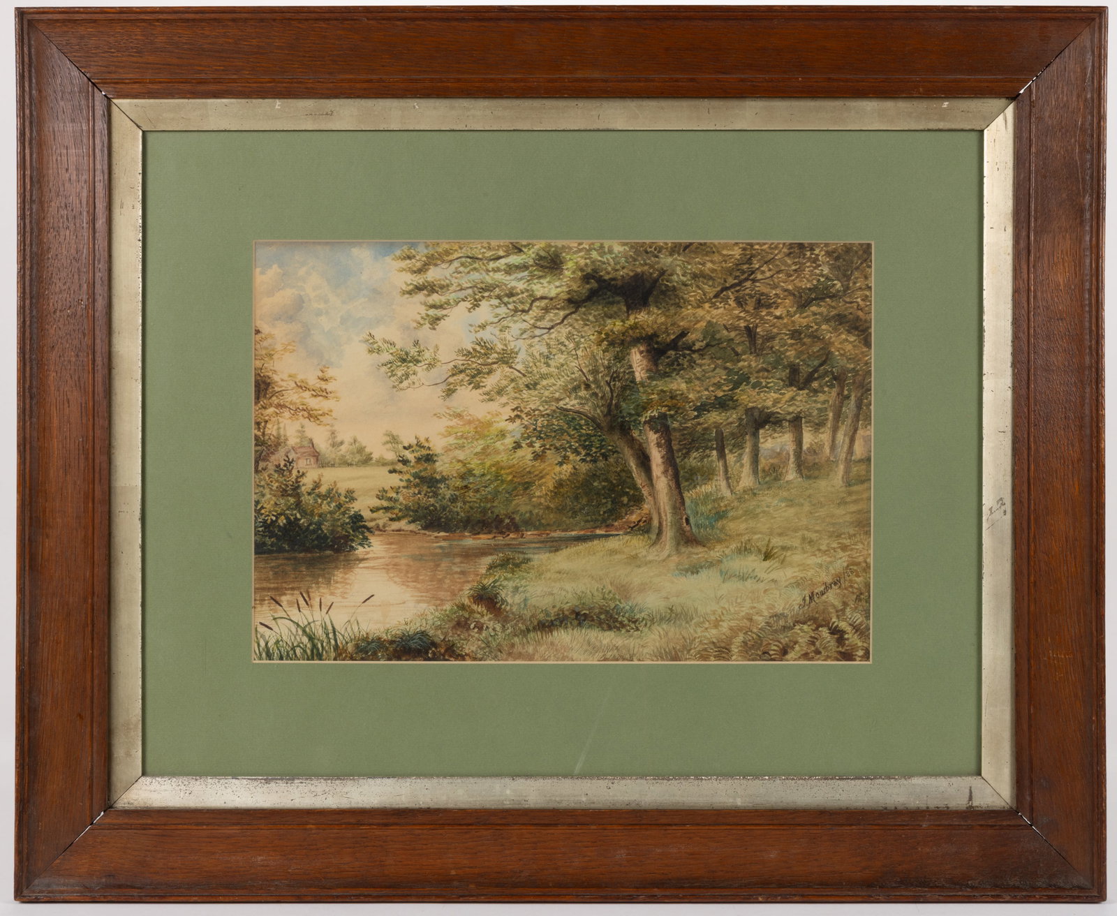 AMERICAN SCHOOL (19TH CENTURY) LANDSCAPE PAINTING: AMERICAN SCHOOL (19TH CENTURY) LANDSCAPE PAINTING, watercolor on paper, depicting a forested area next to a stream or small pond, a small cabin is seen in the distance. Signed "J Mowbray '88&