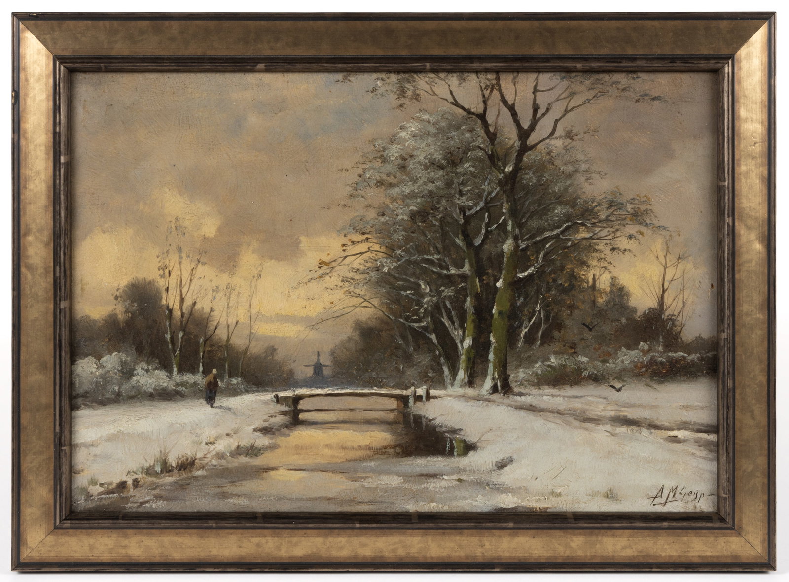 CONTINENTAL SCHOOL (19TH CENTURY) WINTER LANDSCAPE: CONTINENTAL SCHOOL (19TH CENTURY) WINTER LANDSCAPE, oil on board, featuring a small bridge crossing a central stream flanked by trees and a figure, windmill in the background, illegible signature