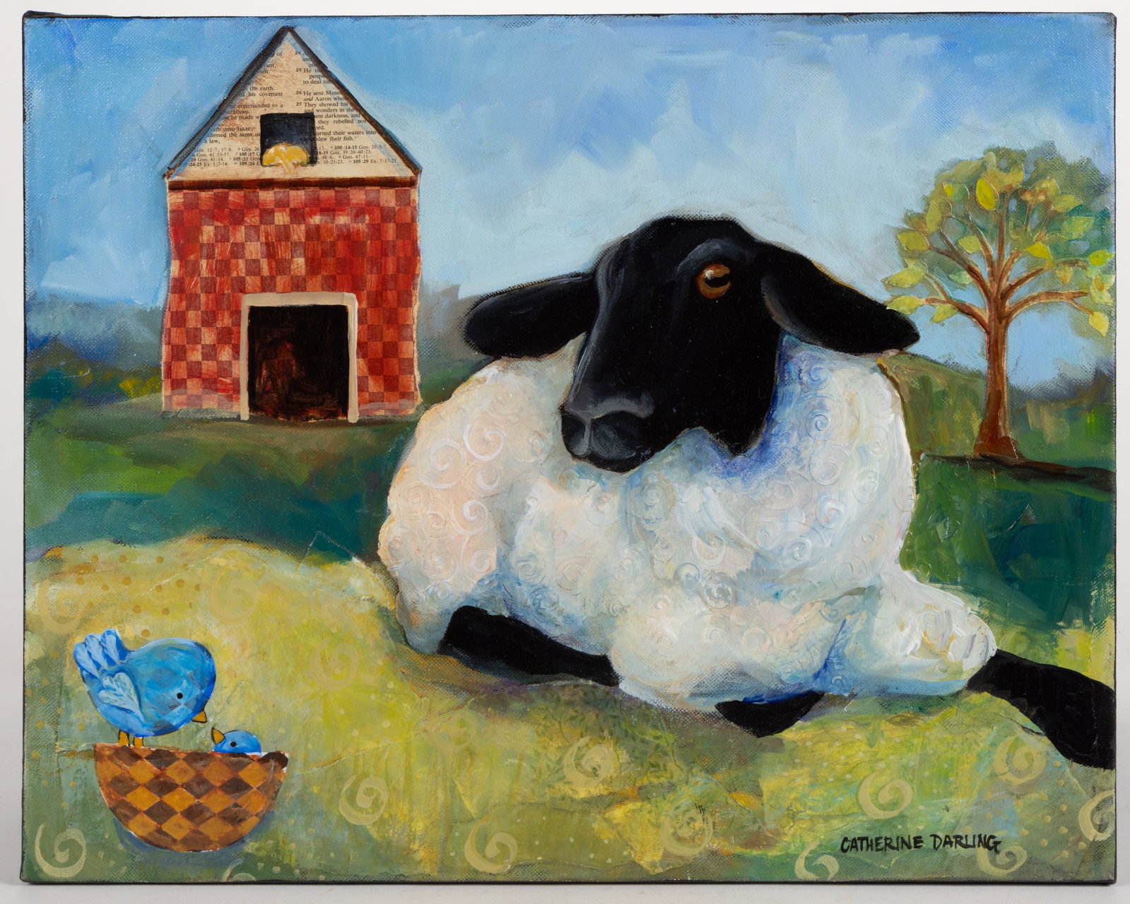 CATHERINE DARLING HOSTETTER (AMERICAN B. 1955) "A LITTLE BIRDIE TOLD EWE?": CATHERINE DARLING HOSTETTER (AMERICAN, B. 1955) "A LITTLE BIRDIE TOLD EWE?" MIXED MEDIA PAINTING, mixed media including acrylic and newspaper on canvas, depicting an Ewe with