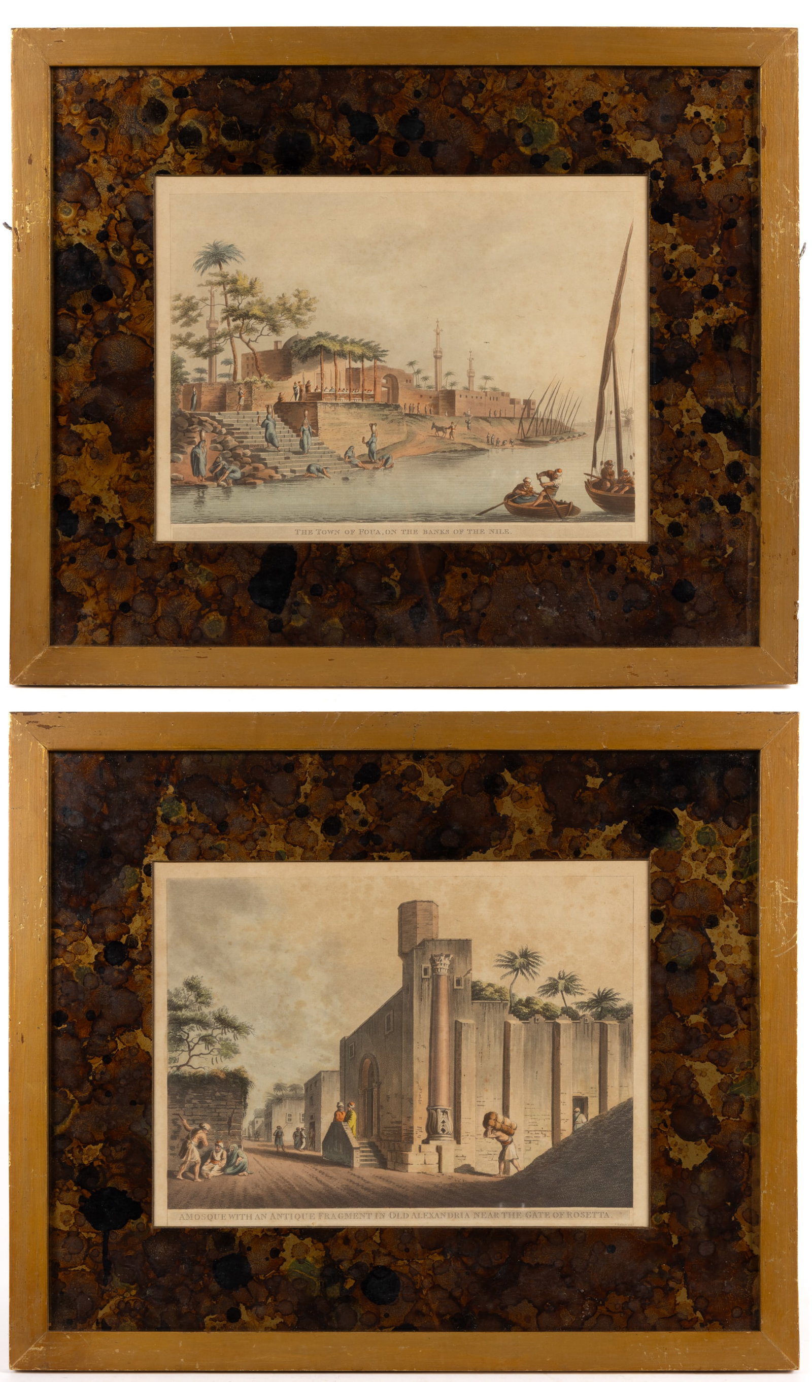 LUIGI MAYER (ITALIAN-GERMAN, 1755-1803) EGYPTIAN VIEW PRINTS, LOT OF TWO: LUIGI MAYER (ITALIAN-GERMAN, 1755-1803) EGYPTIAN VIEW PRINTS, LOT OF TWO, hand-colored aquatints, (1) A Mosque with an Antique Fragment in Old Alexandria Near the Gate of Rosetta and (2