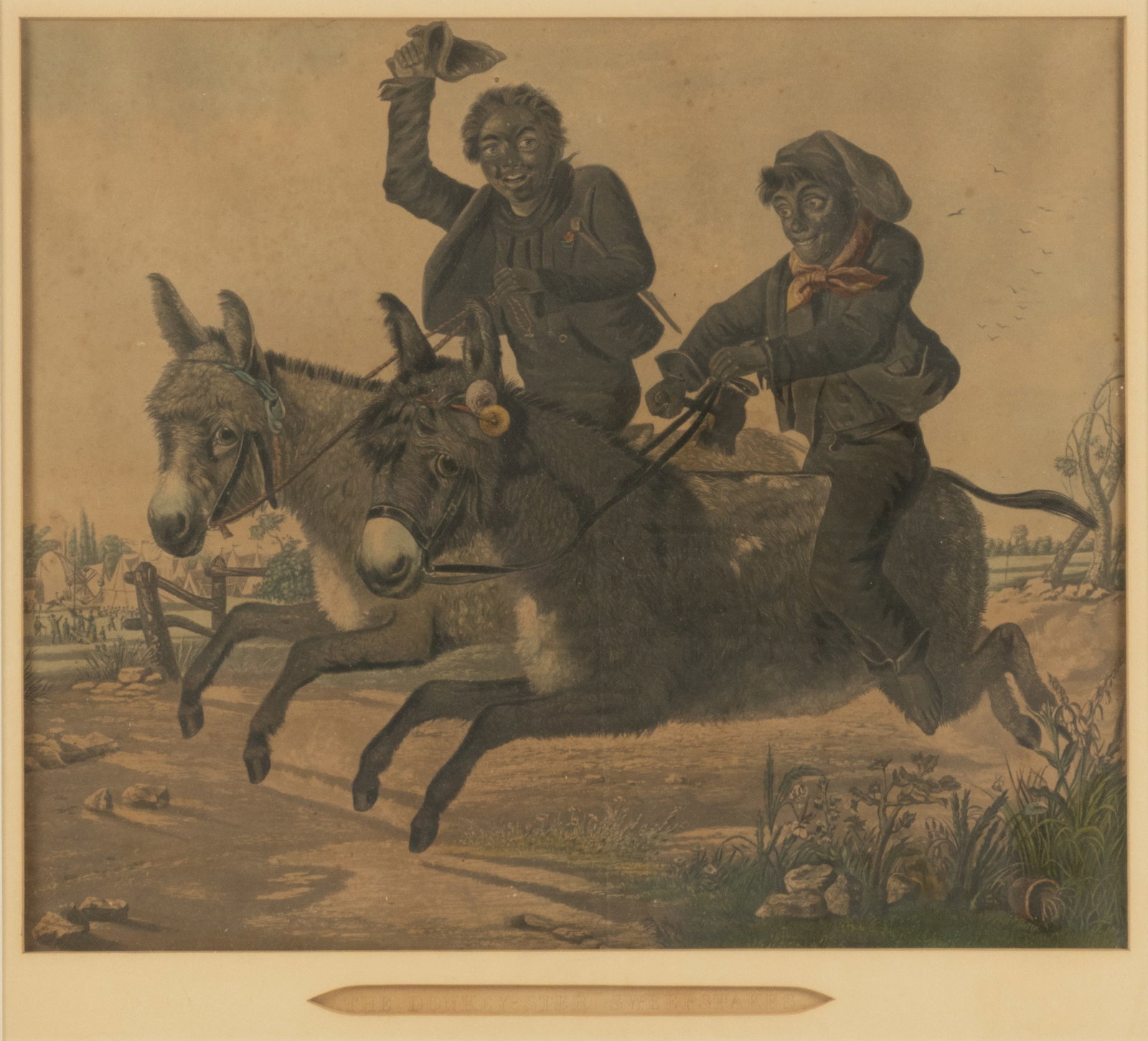 CHARLES HUNT LITHOGRAPH "THE DONKEY-STER SWEEPSTAKES": CHARLES HUNT (1803-1877) LITHOGRAPH "THE DONKEY-STER SWEEPSTAKES", painted by J.A. Fitzgerald (1819-1906) and engraved by Charles Hunt (1803-1877), featuring two boys racing each other on