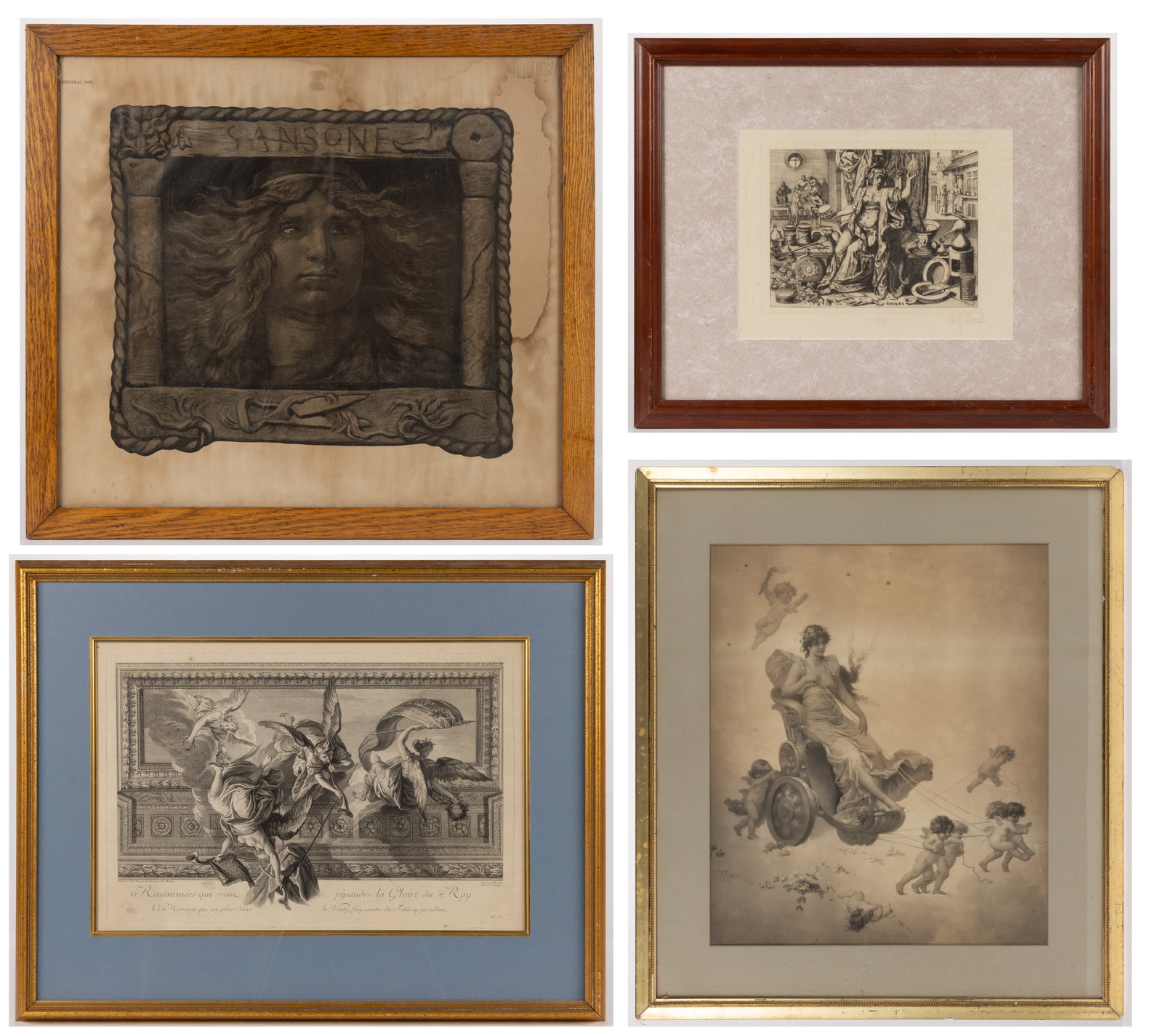 ASSORTED FRAMED AMERICAN AND EUROPEAN ENGRAVINGS / PRINTS, LOT OF FOUR: ASSORTED FRAMED AMERICAN AND EUROPEAN ENGRAVINGS / PRINTS, LOT OF FOUR, including an engraving after Charles Le Brun titled "Renmmees qui vont repandre la gloire du Roy"; an example after Fr