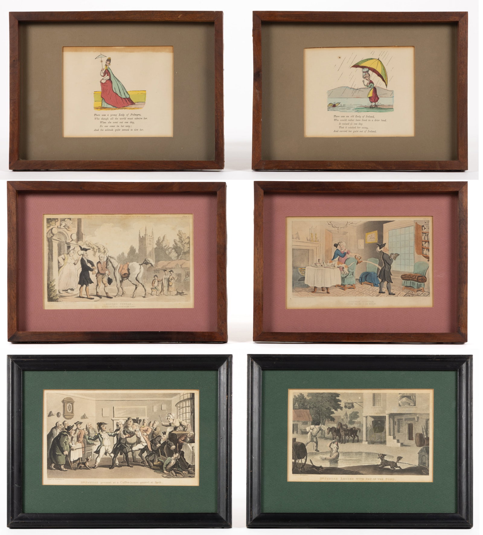 ASSORTED ANTIQUE ENGLISH SATIRICAL PRINTS, LOT OF SIX: ASSORTED ANTIQUE ENGLISH SATIRICAL PRINTS, LOT OF SIX, comprising four Dr. Syntax, hand-colored prints of his different adventures, "Presents at a Coffee-house quarrel at Bath",