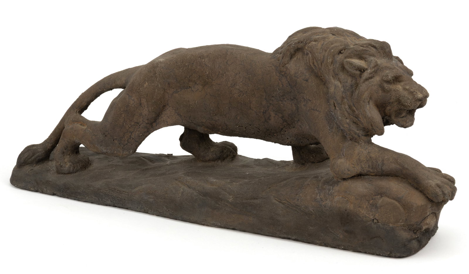 AMERICAN CAST-CONCRETE LION FIGURE: AMERICAN CAST-CONCRETE LION FIGURE, cast-concrete or similar material, depicting a prowling lion atop a stone-like base. Retains the original patinated surface possibly trying to mimic iron. 20th cent