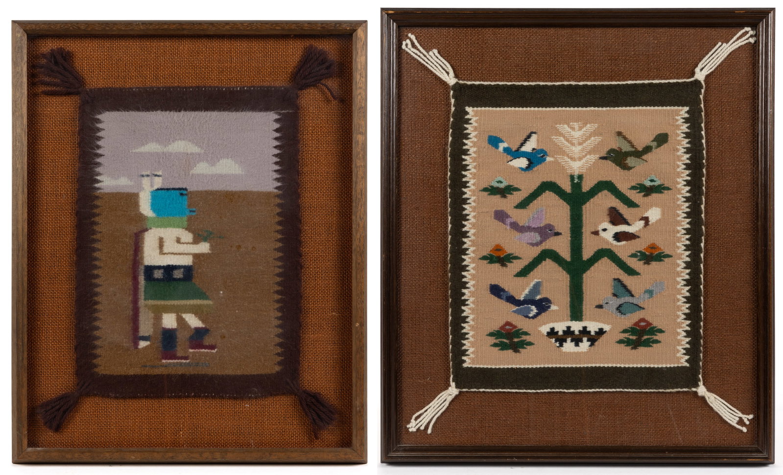 NATIVE AMERICAN NAVAJO PICTORIAL SMALL WOVEN TAPESTRIES, LOT OF TWO: NATIVE AMERICAN NAVAJO PICTORIAL SMALL WOVEN TAPESTRIES, LOT OF TWO, comprising a "Tree of Life" pictorial design featuring six colorful birds grouped around a central cornsta