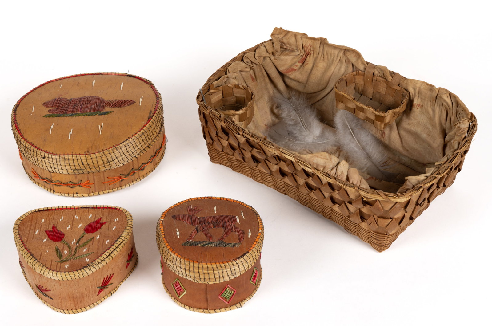NATIVE AMERICAN / CANADIAN NORTHEASTERN WOODLANDS QUILLWORK BIRCHBARK BOXES, LOT OF (1 of 4)