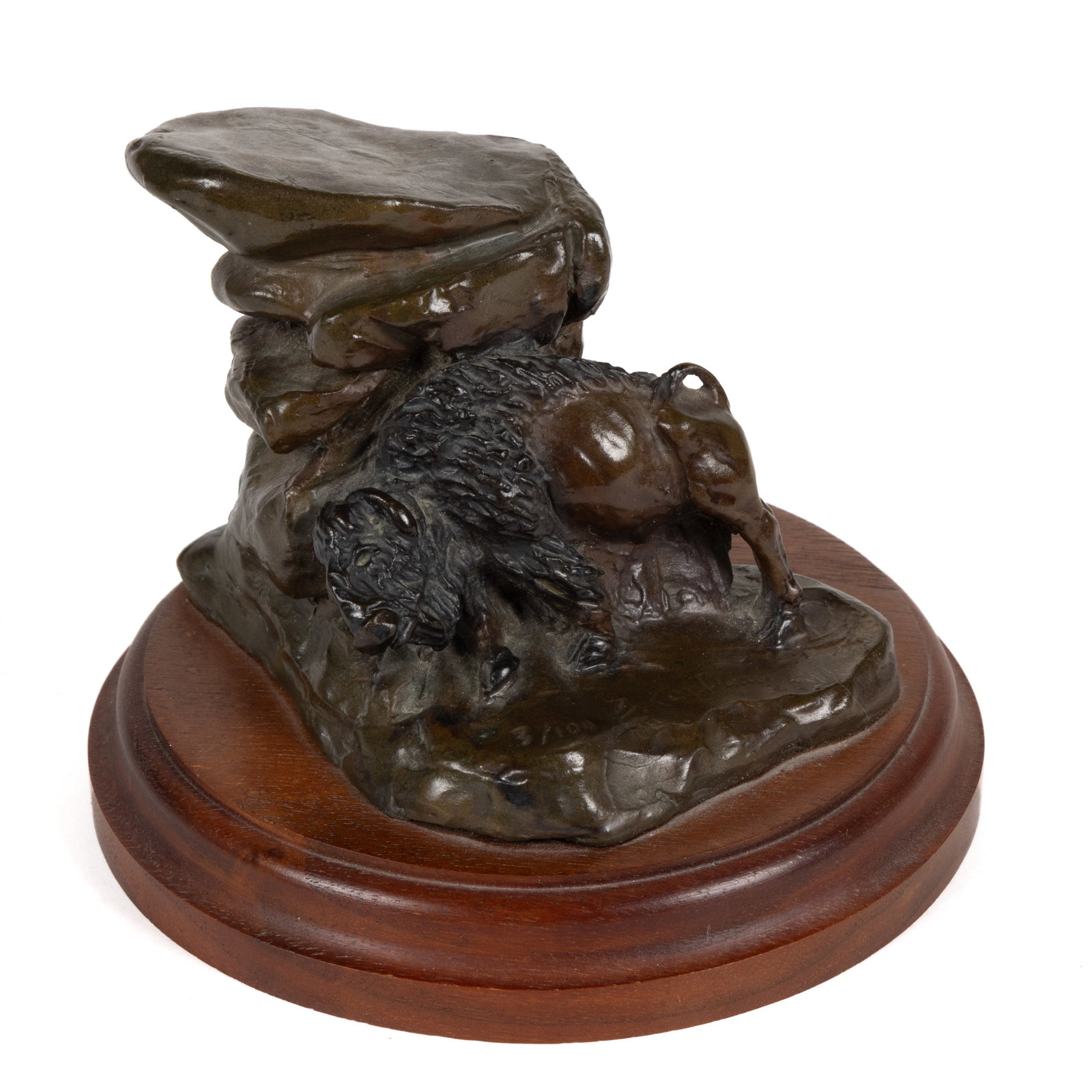 BRUCE AND KATHY CONTWAY (MONTANA) "AN ITCHIN' THAT NEEDS A SCRATCHIN" BRONZE SCULPTURE: BRUCE AND KATHY CONTWAY (MONTANA) "AN ITCHIN' THAT NEEDS A SCRATCHIN" BRONZE SCULPTURE, bronze, depicting a buffalo utilizing a rock formation to relieve an itch, inscribed to bronz
