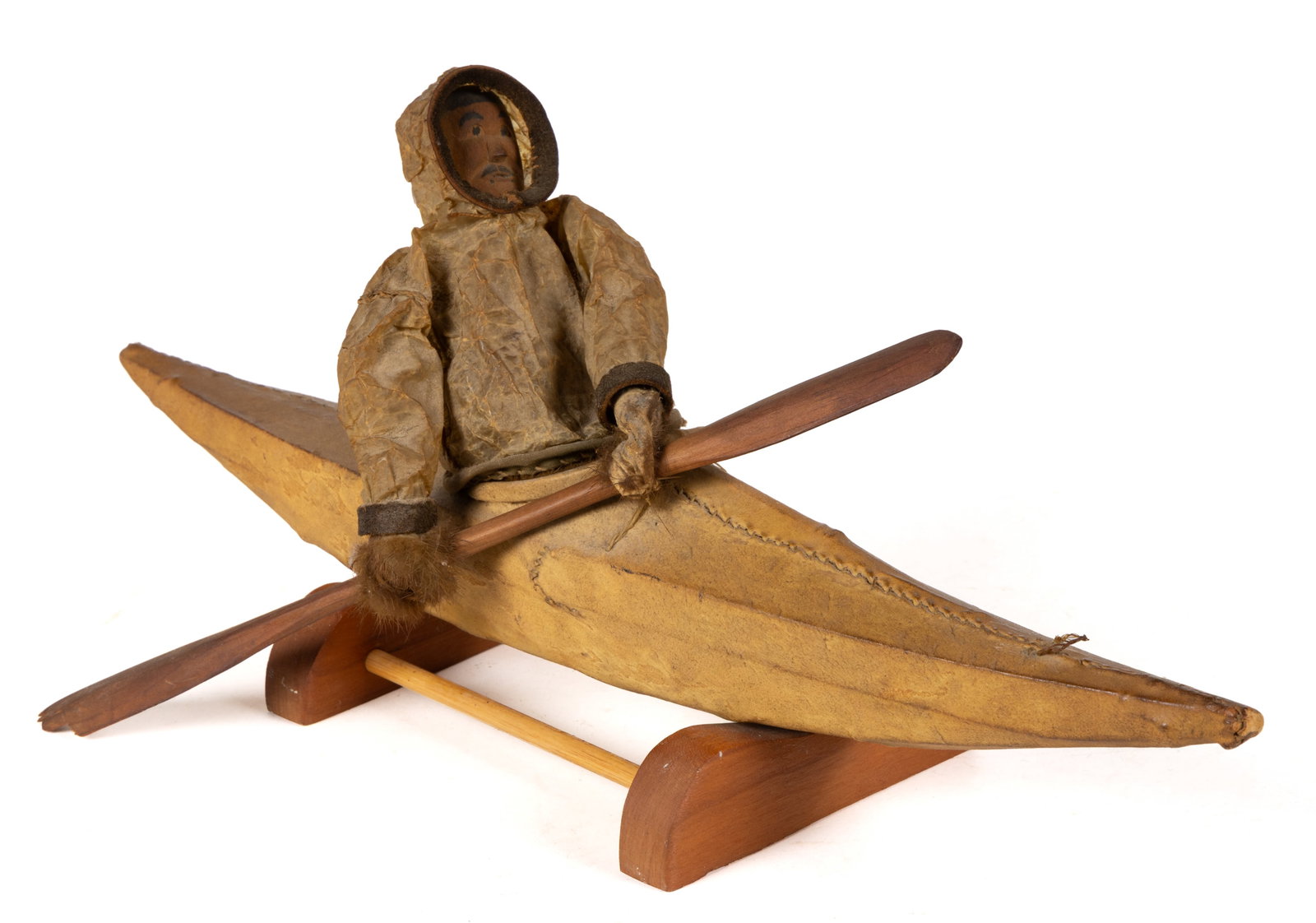 ANTIQUE NATIVE AMERICAN / INUIT CARVED WOOD AND HIDE CANOE / KAYAK AND FIGURE (1 of 4)