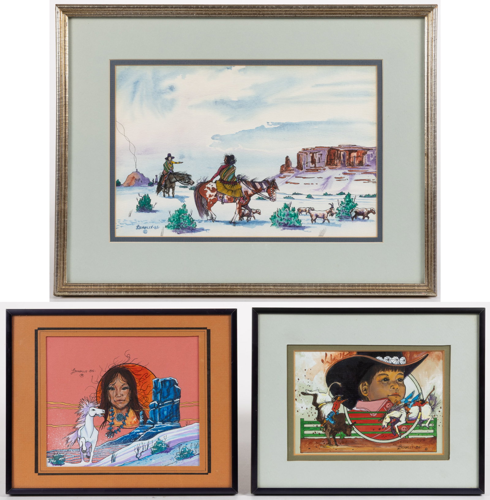 SOUTHWESTERN NATIVE AMERICAN MIXED MEDIA PAINTINGS, LOT OF THREE: SOUTHWESTERN NATIVE AMERICAN MIXED MEDIA PAINTINGS, LOT OF THREE, ink, watercolor, and gouache on paper, comprising one featuring a stylized Western rodeo montage depicting a centralized