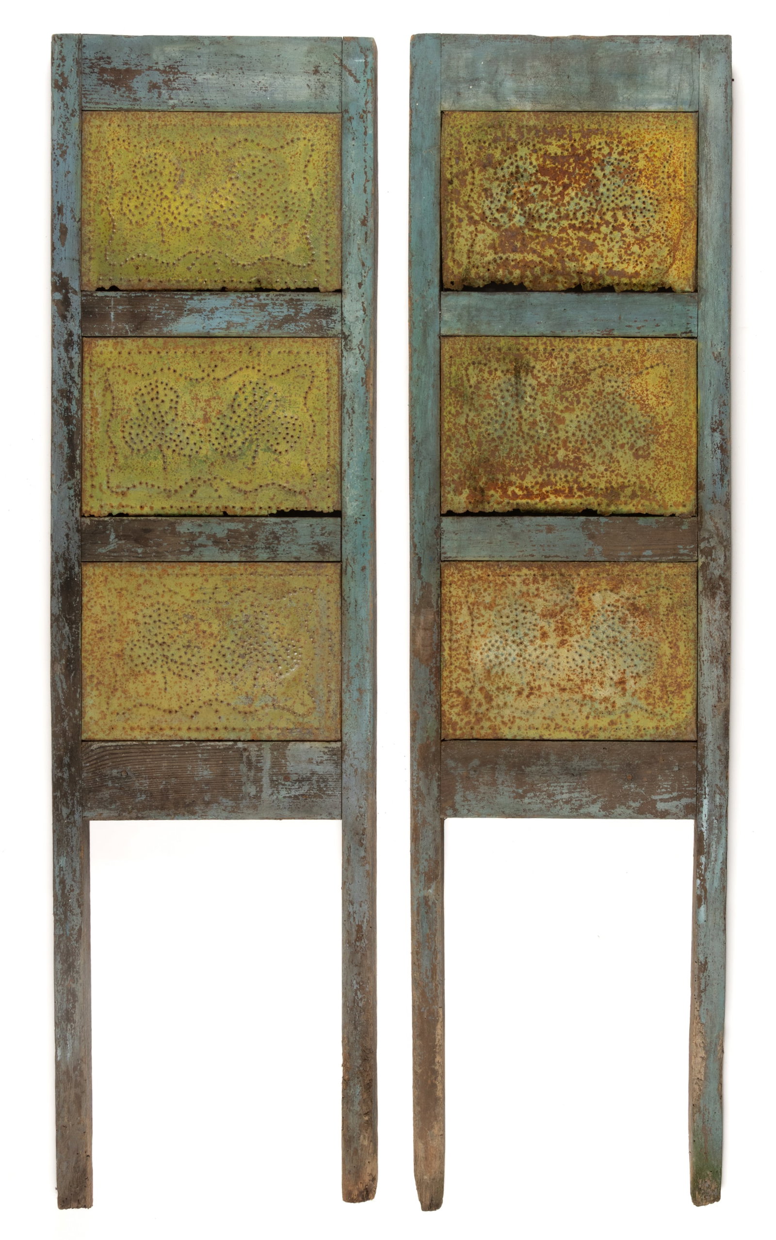 MID-ATLANTIC PAINTED YELLOW PINE AND POPLAR PUNCHED-TIN-PANELED FOOD / PIE SAFE ENDS, PAIR (1 of 3)