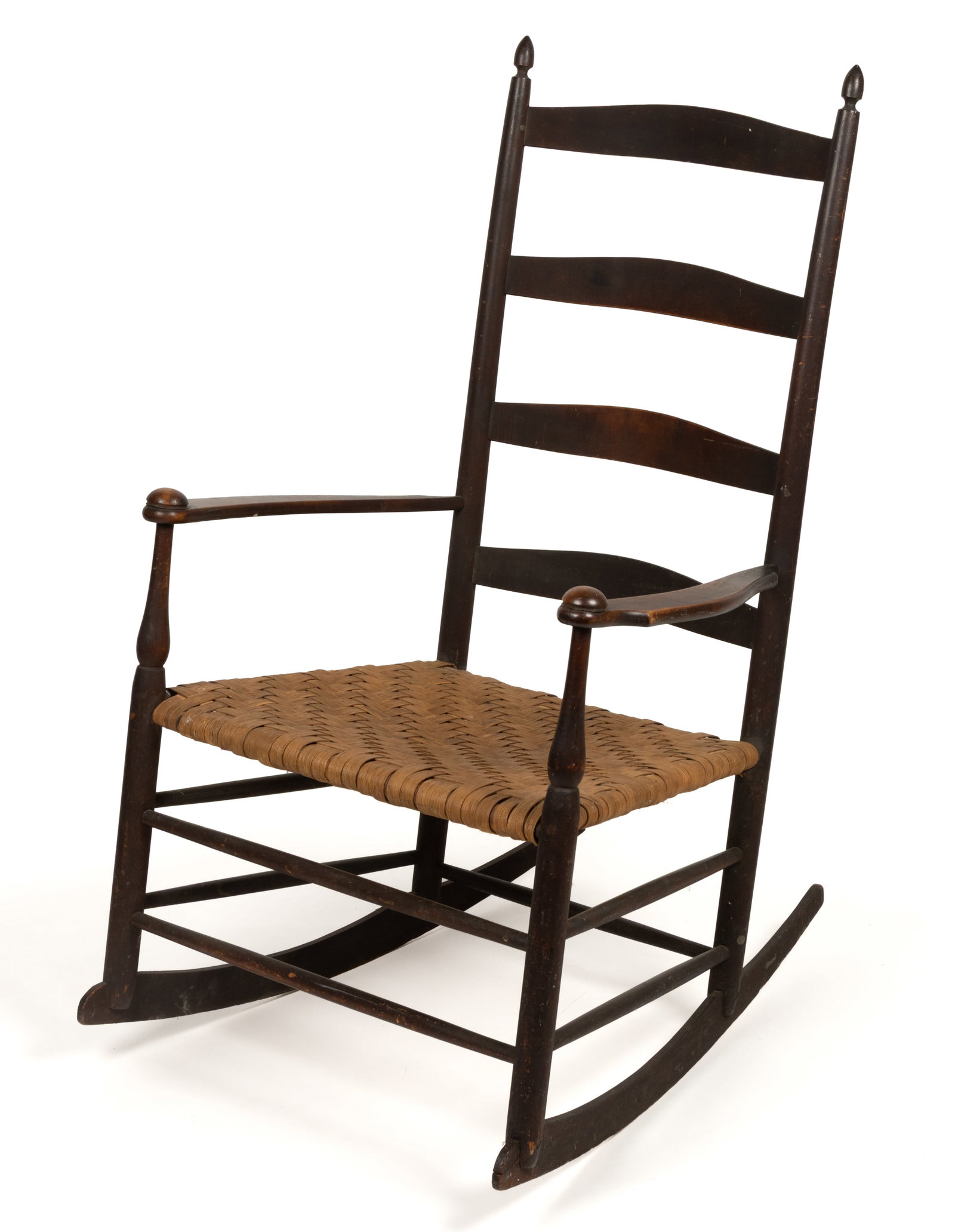 SHAKER, MT. LEBANON, NEW YORK, ATTRIBUTED, NO. 7 ROCKER / ROCKING ARMCHAIR: SHAKER, MT. LEBANON, NEW YORK, ATTRIBUTED, NO. 7 ROCKER / ROCKING ARMCHAIR, maple, the four-slat back with distinctive turned finials at the tops of the posts above an old, probably replaced splint se