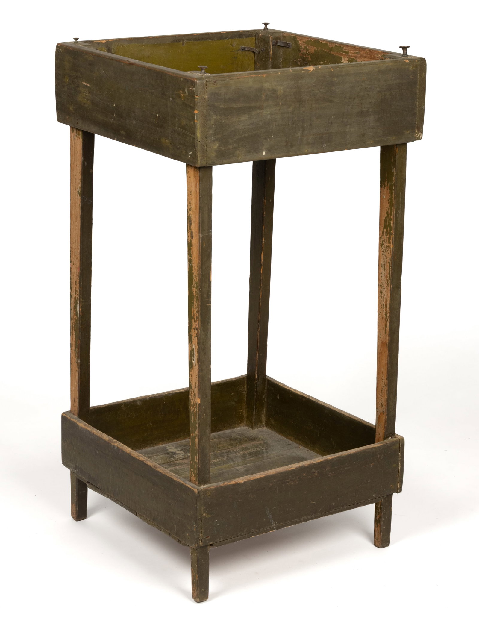 AMERICAN PAINTED MIXED-WOOD WORK STAND: AMERICAN PAINTED MIXED-WOOD WORK STAND, reportedly a fishing net mending / stretching table, with upper and lower shallow wells, the upper example fitted with brass knobs in corners and metal straps a