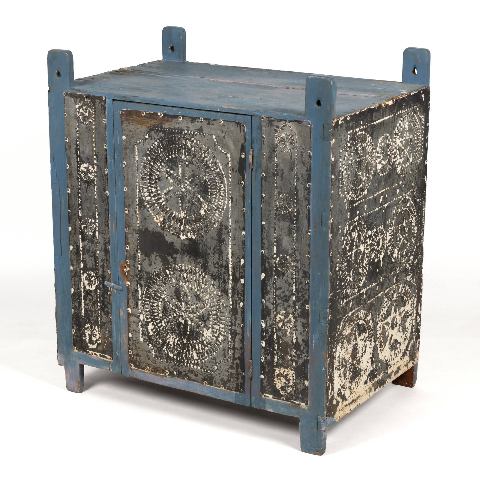 AMERICAN PINE AND POPLAR PUNCHED-TIN-PANELED HANGING FOOD / PIE SAFE: AMERICAN PINE AND POPLAR PUNCHED-TIN-PANELED HANGING FOOD / PIE SAFE, nailed construction, rectangular form with extended stiles with drilled holes for hanging, set with nailed punched-tin panels on a