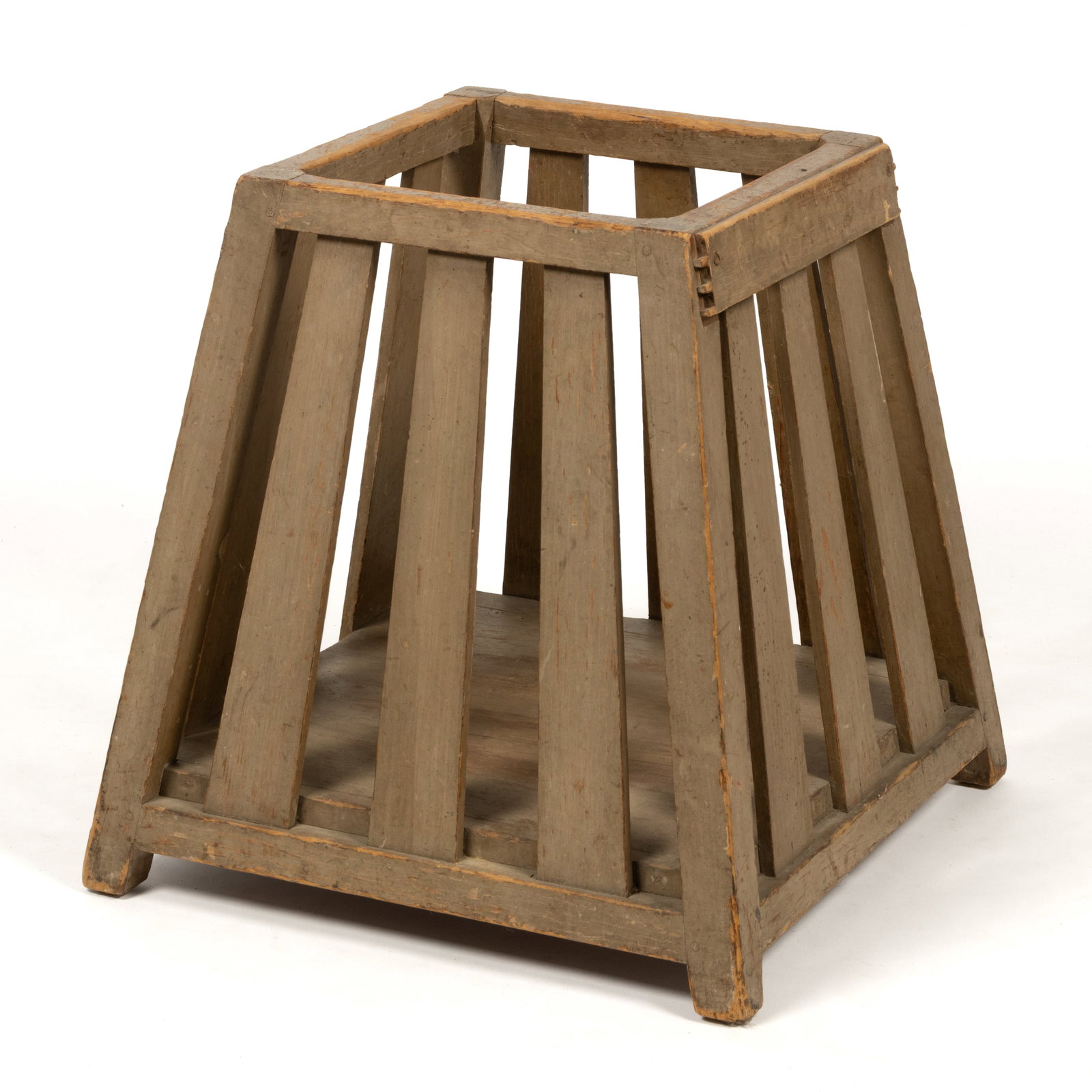 AMERICAN PAINTED PINE SLATED STORAGE BIN /BABY CAGE: AMERICAN PAINTED PINE SLATED STORAGE BIN / BABY CAGE, canted form of pinned construction with vertical slats and early gray- painted surface. First half 19th century. 24" H, 23 1/4" SQ