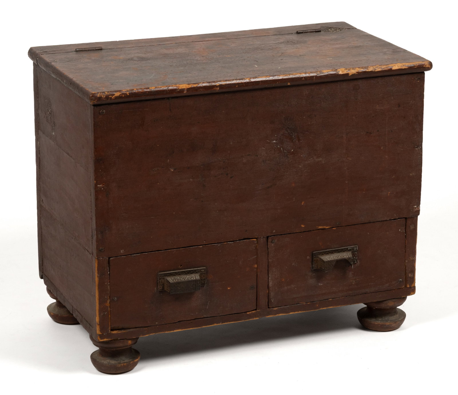 DIMINUTIVE AMERICAN PAINTED PINE BLANKET CHEST: DIMINUTIVE AMERICAN PAINTED PINE BLANKET CHEST, nailed construction, featuring hinged lid concealing open interior above two short drawers, the whole raised on turned bun-style feet, retaining