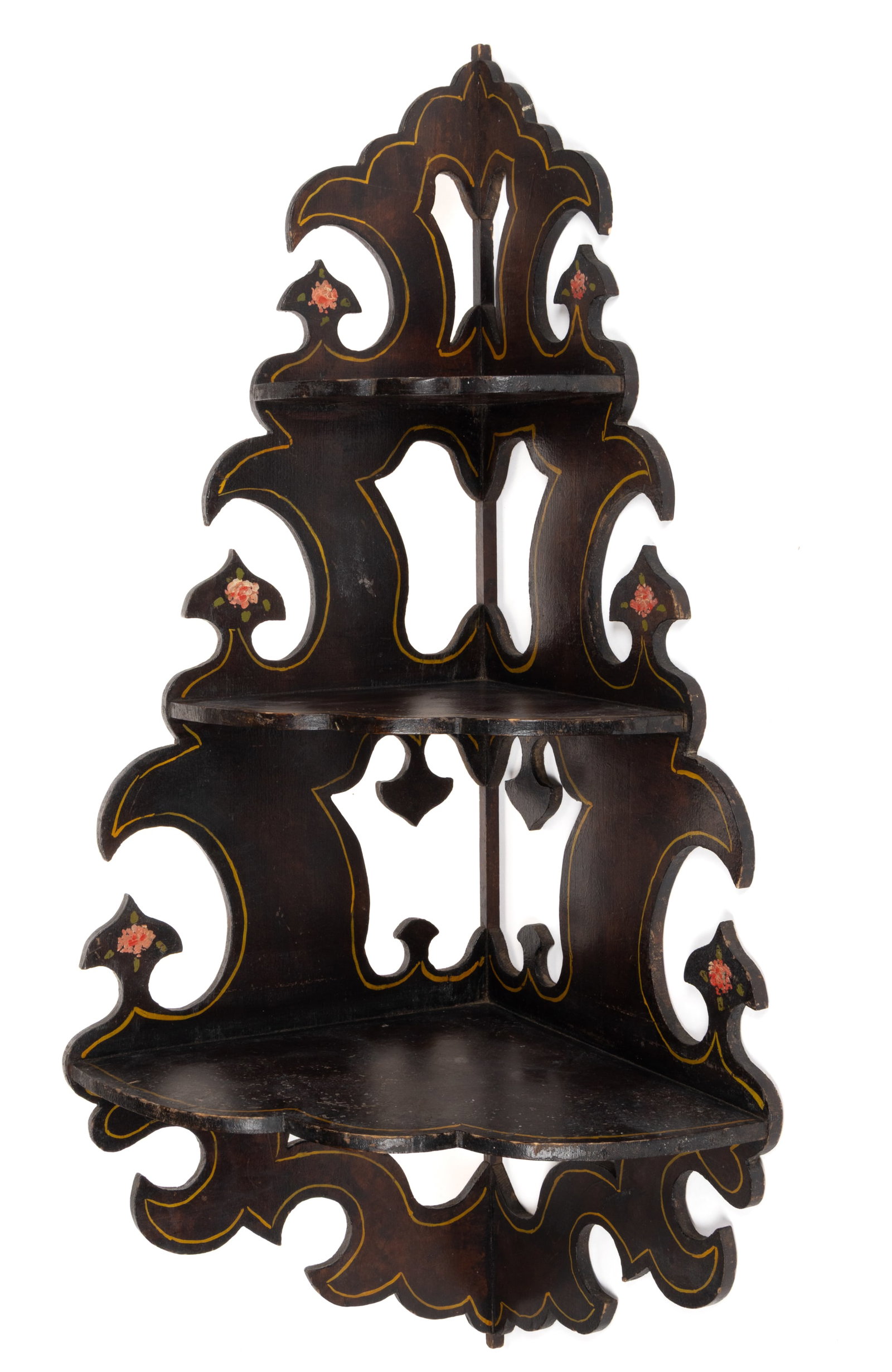 AMERICAN FOLK ART PAINT-DECORATED CUT-OUT HANGING CORNER SHELF: AMERICAN FOLK ART PAINT-DECORATED CUT-OUT HANGING CORNER SHELF, poplar or a similar soft wood, having three graduated shelves supported by elaborate cut-out sides. Retains the original