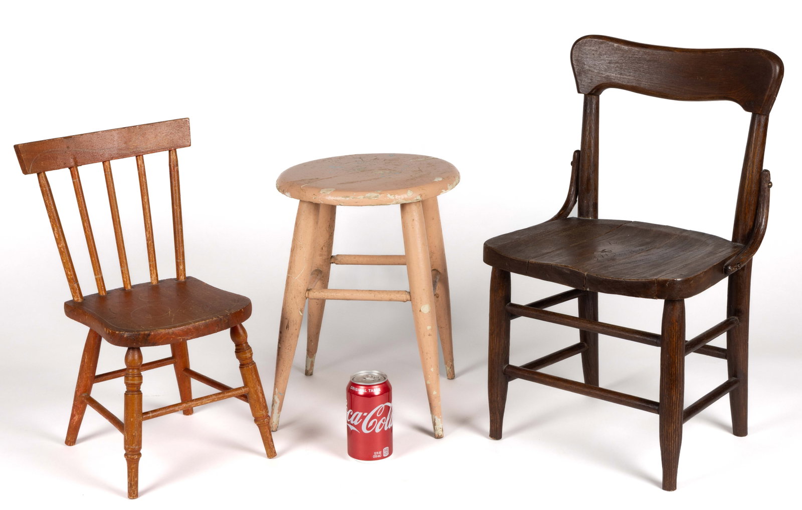 ASSORTED AMERICAN CHILDREN'S CHAIRS AND STOOL, LOT OF THREE: ASSORTED AMERICAN CHILDREN'S CHAIRS AND STOOL, LOT OF THREE, comprising a poplar paint-decorated example with a five spindle back and turned splayed legs; an oak chair with a doubled stretcher