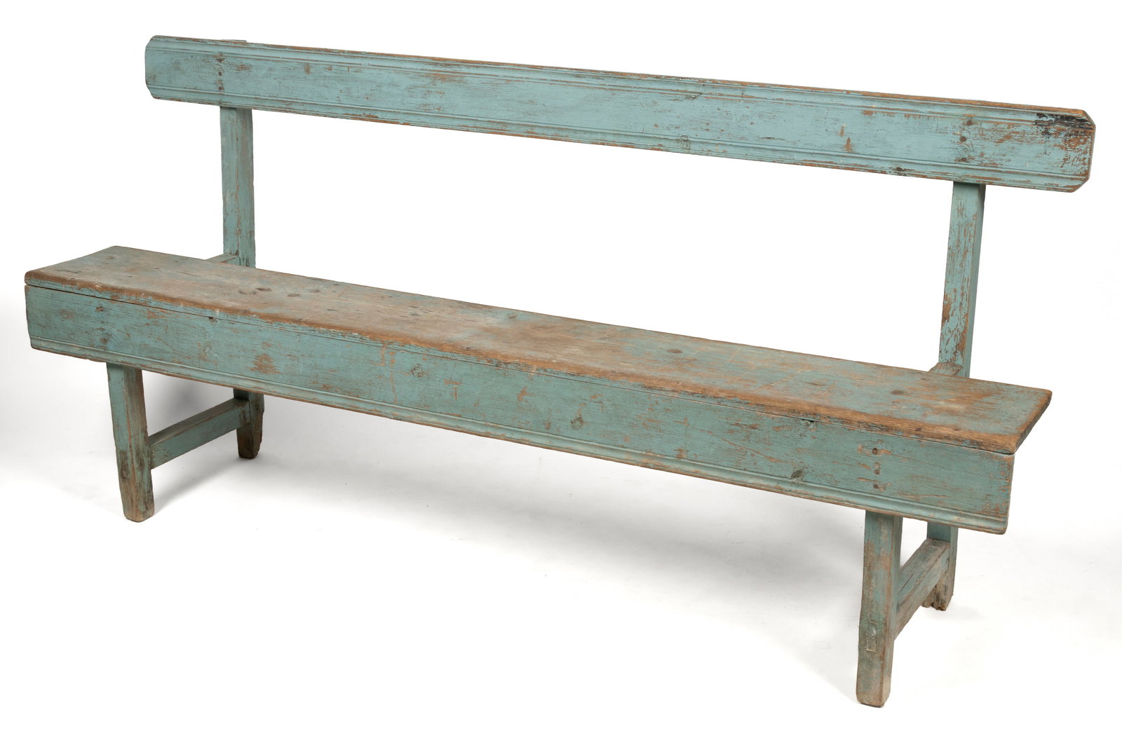 COUNTRY PAINTED PINE BENCH: COUNTRY PAINTED PINE BENCH, open-back form with molded detail and square legs with stretcher base, retaining an early blue-painted surface. Second half 19th century. 36 1/2" HOA, 78 1/2" x