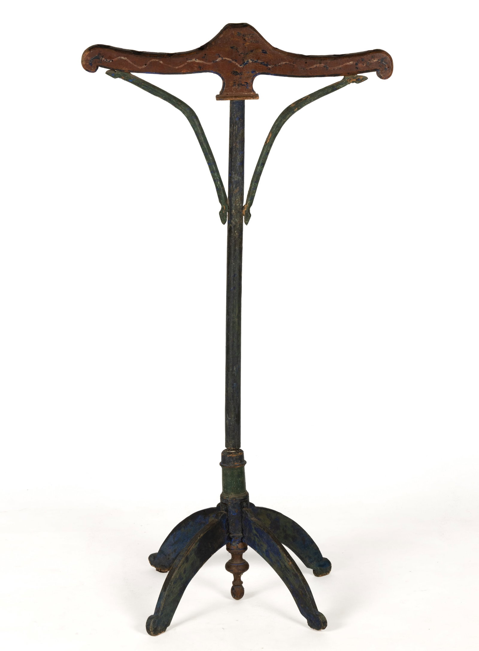 CONTINENTAL FOLK ART PAINTED WOODEN CANDLESTAND: CONTINENTAL FOLK ART PAINTED WOODEN CANDLESTAND, the six-light form with turned base, possibly from a church, retaining an early polychrome surface. 19th century. 41" HOA, 21 1/2"