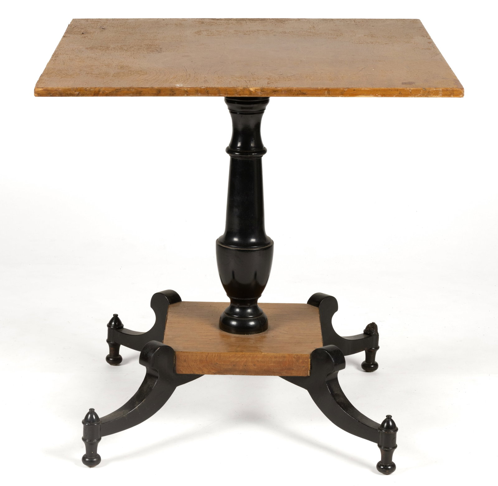 CONTINENTAL BIEDERMEIER-STYLE CENTER TABLE: CONTINENTAL BIEDERMEIER-STYLE CENTER TABLE, with square fixed top, platform base, oak veneers, and ebonized pedestal and feet. 19th century. 24 1/4" H, 24" SQ (top).