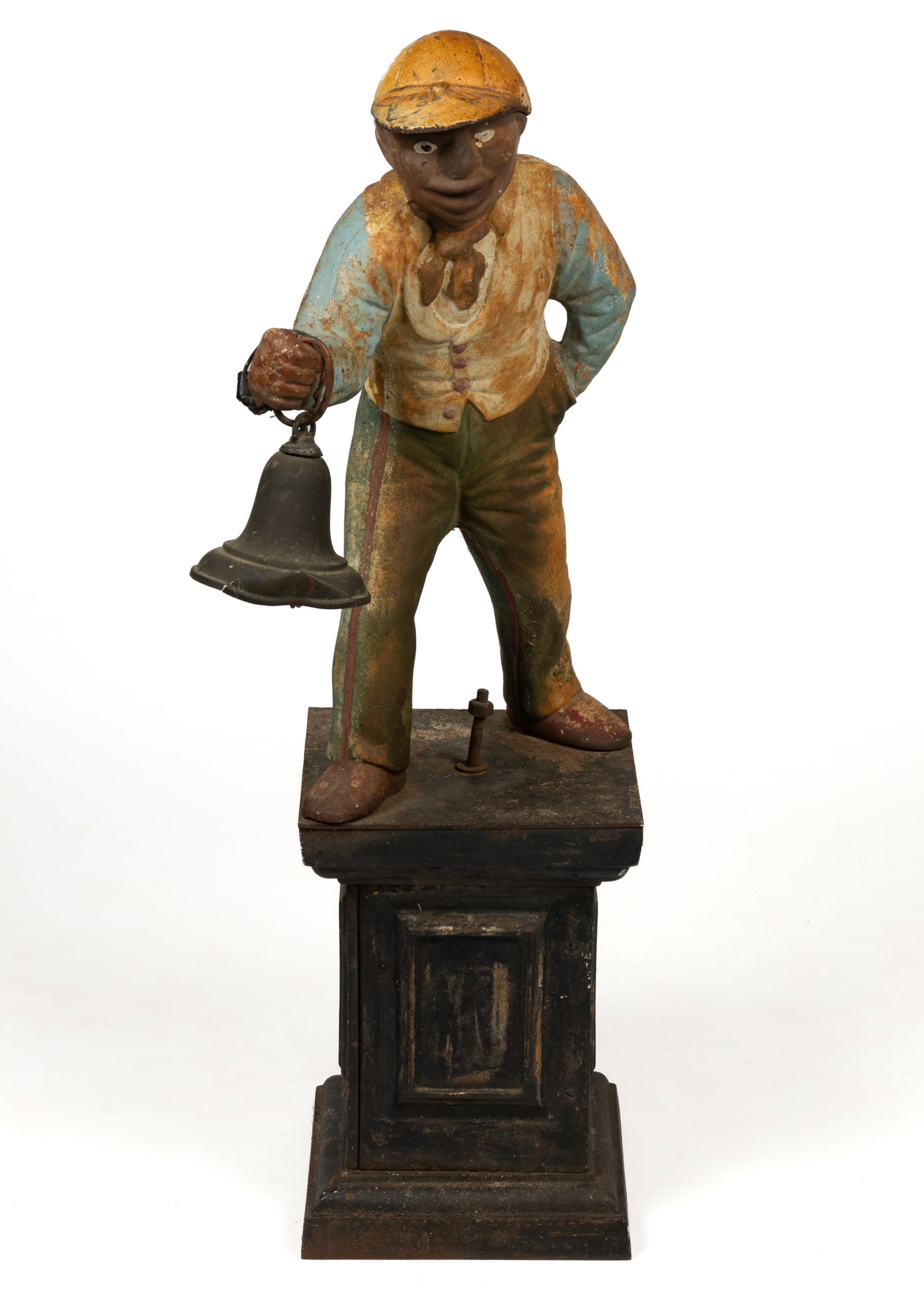 AMERICAN CAST-IRON FIGURAL LAWN JOCKEY: AMERICAN CAST-IRON FIGURAL LAWN JOCKEY, hollow-form, full-length depiction of an African-American jockey with an arm outstretched holding the remnants of an electric lantern, he stands on a plinth wit