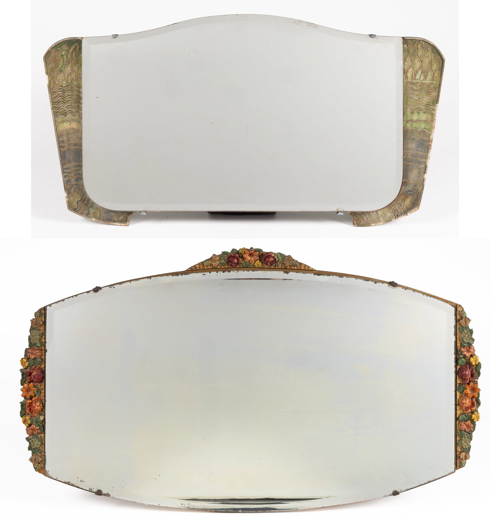 VINTAGE ART DECO HANGING MIRRORS, LOT OF TWO: VINTAGE ART DECO HANGING MIRRORS, LOT OF TWO, one oval-shaped beveled edge with barbola floral decoration on top and sides, and one rectangular-shaped with beveled edge with decorative painted sides i