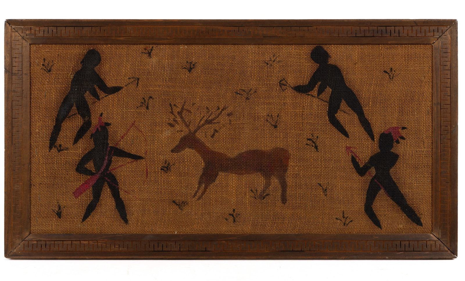 AMERICAN MID-CENTURY CAVE-STYLE PAINTING ON BURLAP (1 of 2)