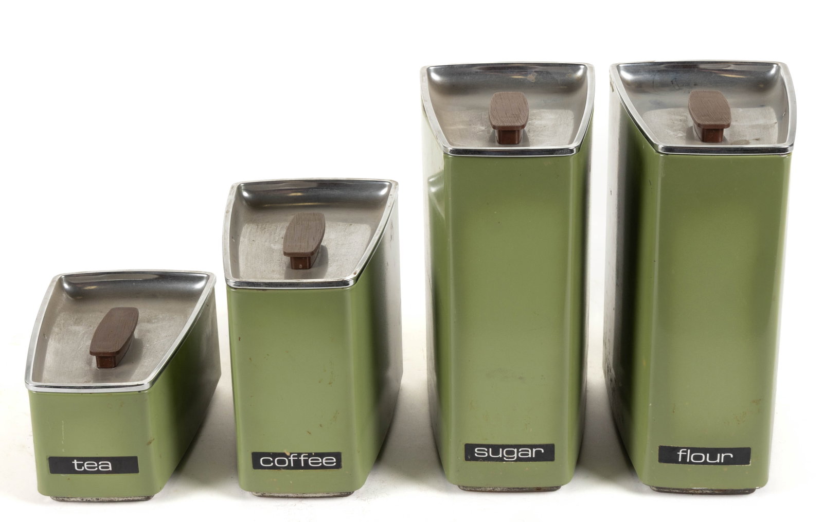 LINCOLN BEAUTYWARE MID-CENTURY MODERN STACKABLE CANISTERS, FOUR PIECE SET: LINCOLN BEAUTYWARE MID-CENTURY MODERN STACKABLE CANISTERS, FOUR PIECE SET, comprising two large examples, a medium example, and a small example, lettered "tea", "coffee", "sug