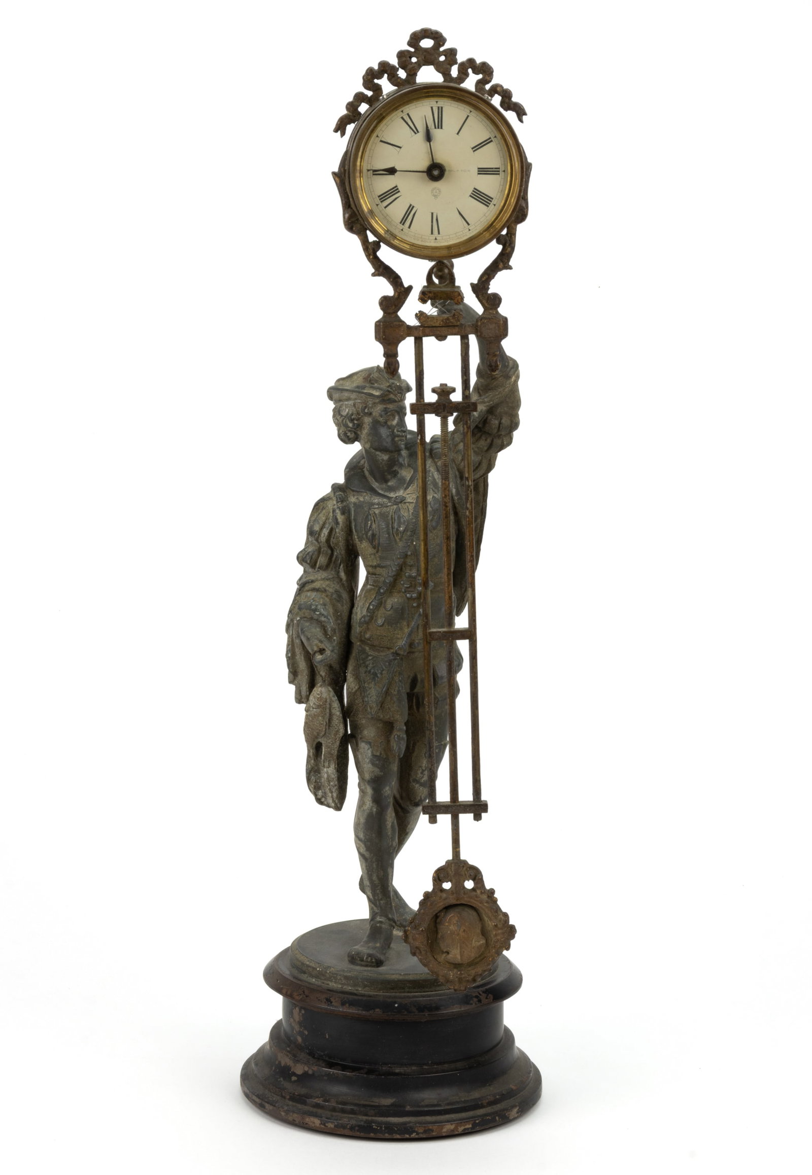ANSONIA "FISHER" SWINGING ARM / MYSTERY CLOCK: ANSONIA "FISHER" SWINGING ARM / MYSTERY CLOCK, eight-day brass spring-driven movement, swinging arm with a canister case and paper dial marked for Ansonia with the base of the arm having a p