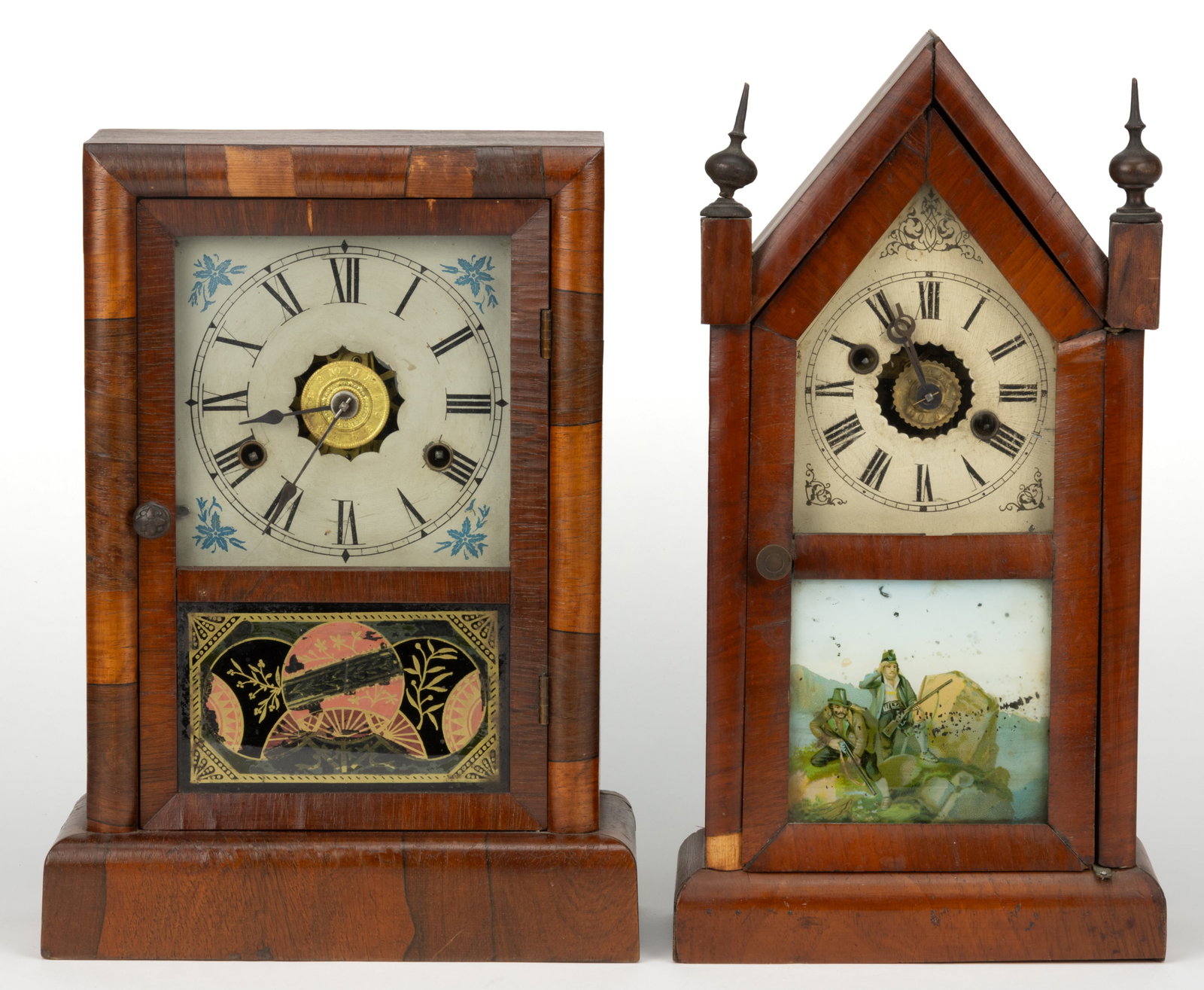 NEW HAVEN CLOCK CO. AND OTHER MANTEL / SHELF CLOCKS, LOT OF TWO: NEW HAVEN CLOCK CO. AND OTHER MANTEL / SHELF CLOCKS, LOT OF TWO, brass movements, comprising a New Haven Clock Co. example with a rectangular case with interior paper label; and an example with a stee