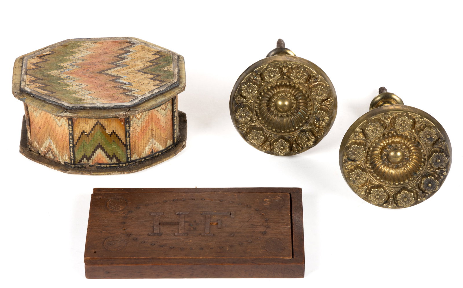 AMERICAN AND BRITISH DECORATIVE / DOMESTIC ACCESSORIES, LOT OF FOUR: AMERICAN AND BRITISH DECORATIVE / DOMESTIC ACCESSORIES, LOT OF FOUR, comprising a fine English straw marquetry / straw work box in a flame-stitch pattern; a likely American inlaid walnut card box with