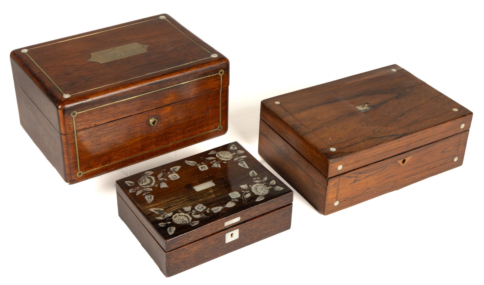 ASSORTED BRITISH WOODEN WITH MOTHER-OF-PEARL INLAY DOCUMENT / DRESSER / SEWING BOXES, LOT OF THREE (1 of 3)