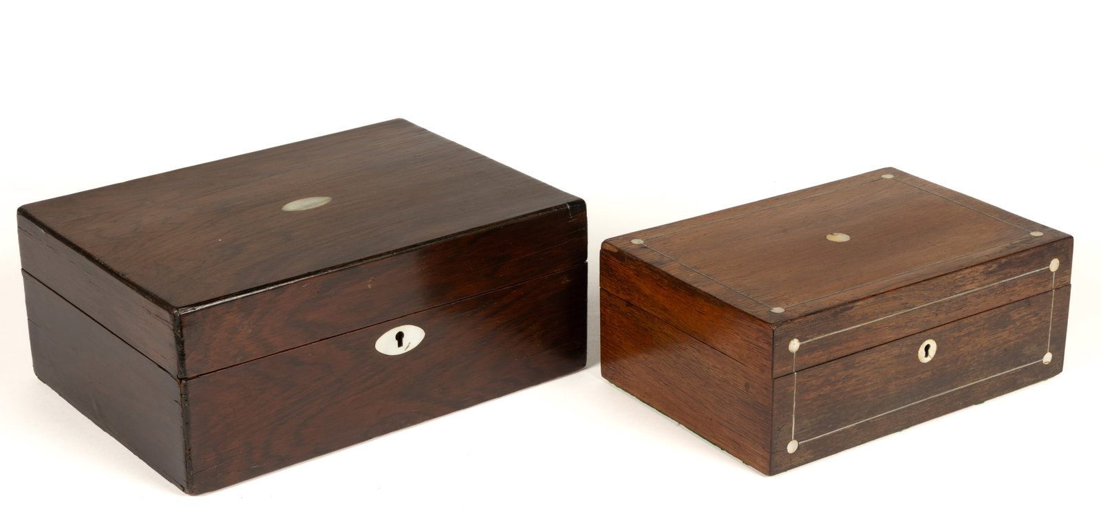 ASSORTED BRITISH WOODEN WITH MOTHER-OF-PEARL INLAY DOCUMENT / DRESSER / SEWING BOXES, LOT OF TWO (1 of 6)