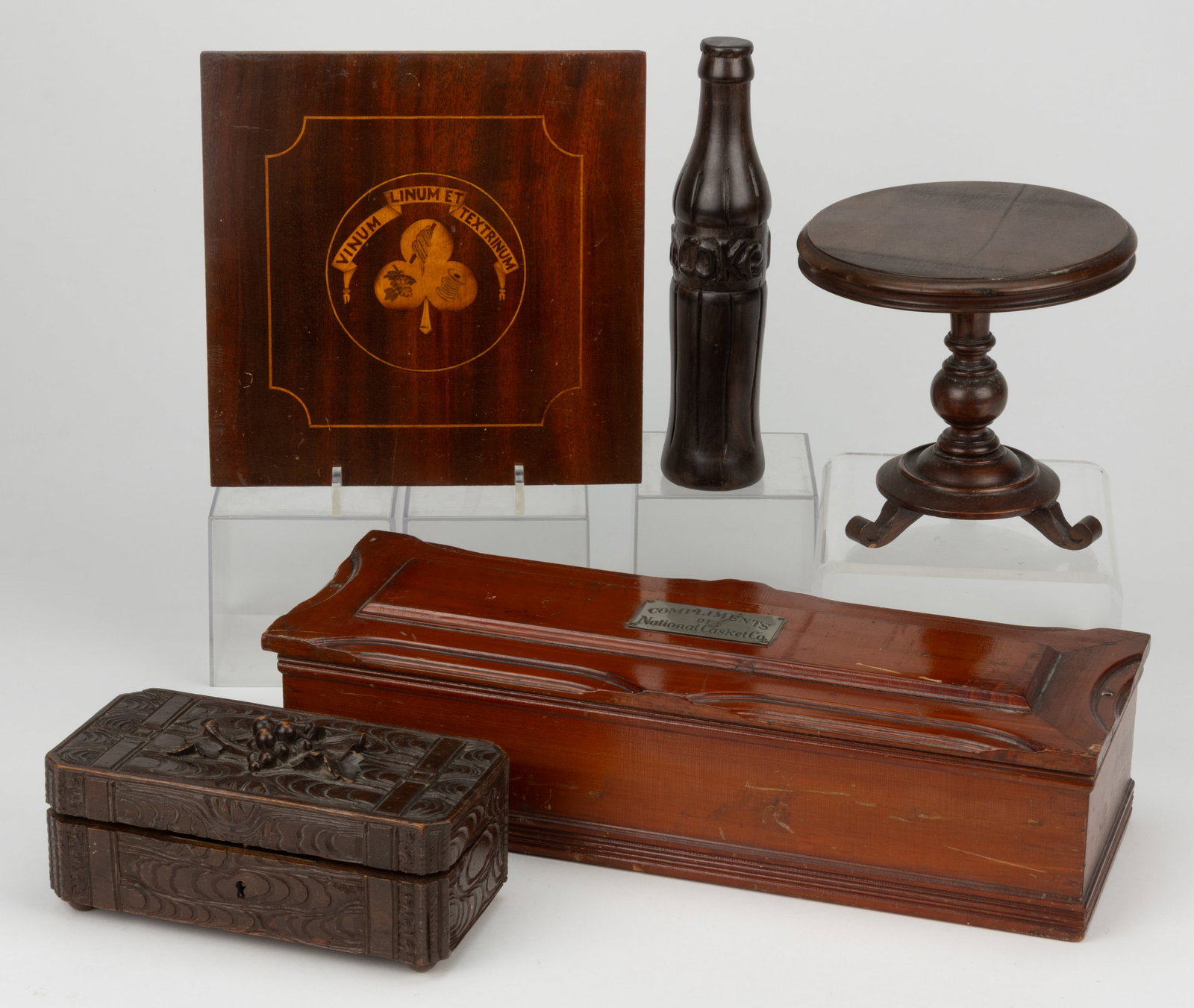 MINIATURE / SALESMAN'S SAMPLE CASKET AND OTHER WOODEN DECORATIVE ARTICLES, LOT OF FIVE (1 of 1)