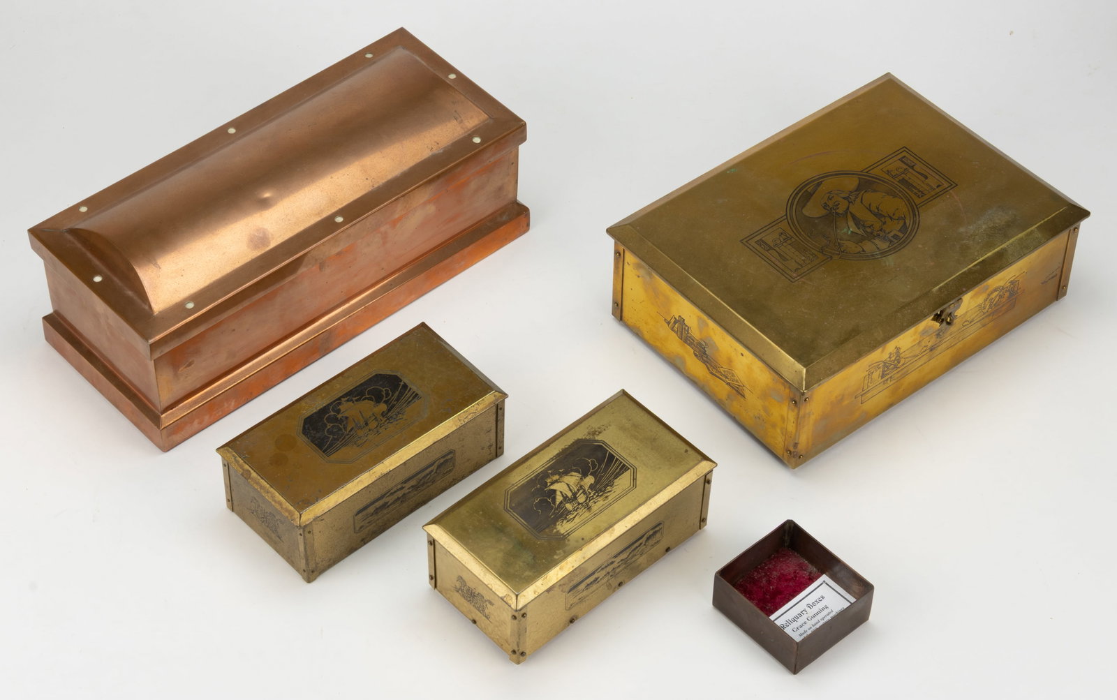 MINIATURE / SALESMAN'S SAMPLE COPPER CASKET AND OTHER BRASS / COPPER BOXES, LOT OF FIVE (1 of 2)
