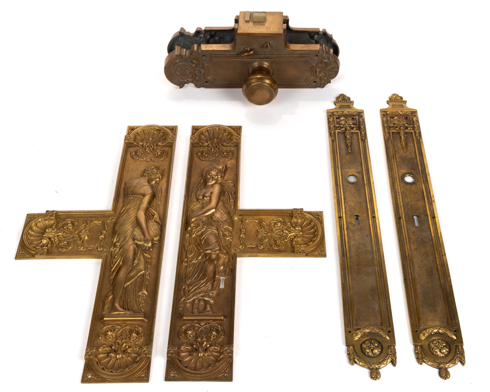 ASSORTED AMERICAN AND CONTINENTAL CAST-BRONZE DOOR HARDWARE, LOT OF FIVE: ASSORTED AMERICAN AND CONTINENTAL CAST-BRONZE DOOR HARDWARE, LOT OF FIVE, comprising a pair of large backplates with Classical relief decoration featuring two goddess or allegorical figures marked on