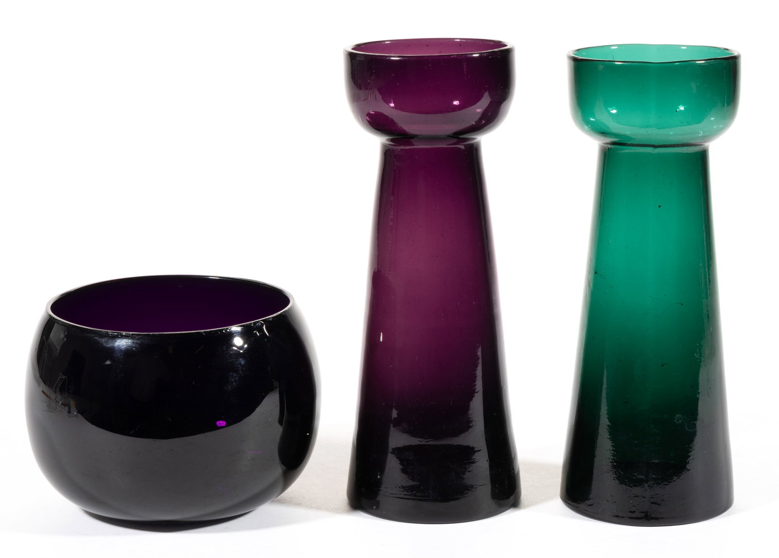 ASSORTED GLASS HYACINTH VASES, LOT OF TWO: ASSORTED GLASS HYACINTH VASES, LOT OF TWO, comprising a free-blown deep amethyst and a pressed teal, each tapered form with an ovoid cupped mouth. Together with a free-blown deep amethy